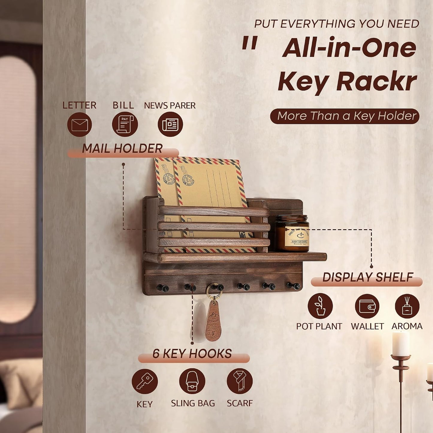 Floating Shelf & 6 Hooks / Brown