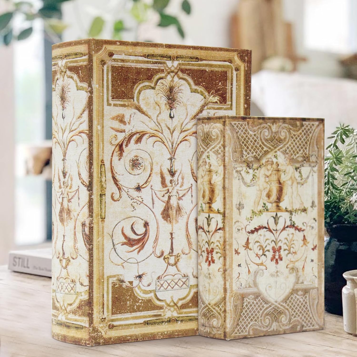 Magnetic Lock Faux Wooden Storage Book Box / Vintage Pattern / Set of 2