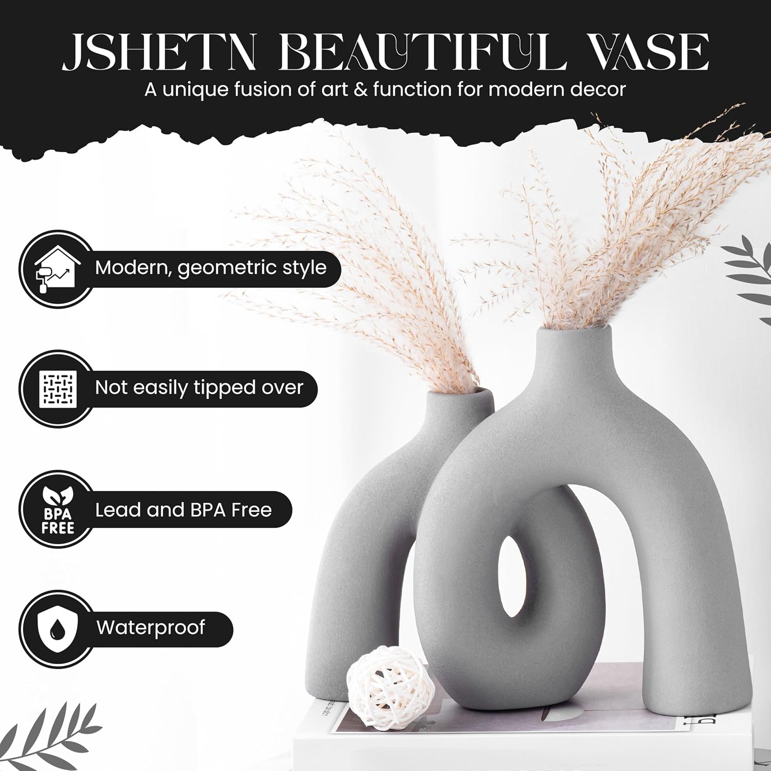 Ceramic Hug Vase Modern Donut Style Hugging Vases for Flowers Minimalist Decor / Soft Gray