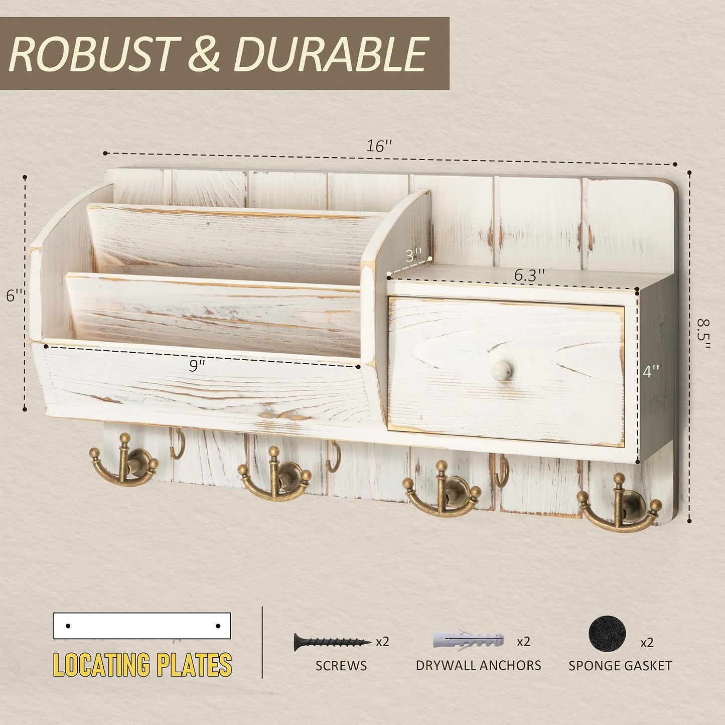 Farmhouse Mail and Key Organizer / Whitewash