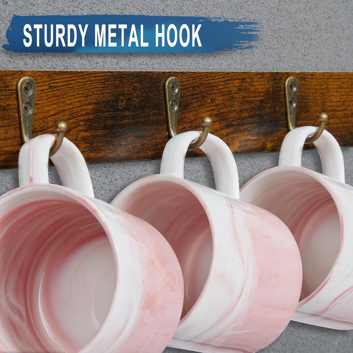 Huxitocan Wall Mount Coffee Mug Holder - Rustic Wood and Iron, Holds Up to 24 Mugs (3Pack) for Kitchen, Home, Coffee Bar