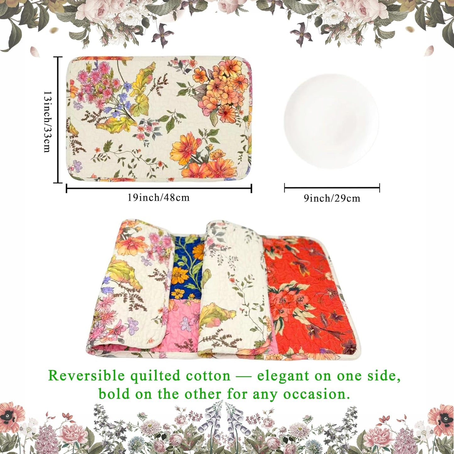 4-Piece Floral Patchwork Quilted Placemats, Original | 13 x 19 inch, reversible quilted cotton, four distinctive