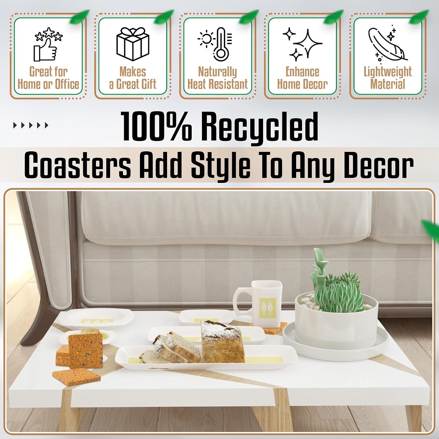 Bleeker & Rowe Recycled Cork Coasters / 4 x 4 / Set of 6