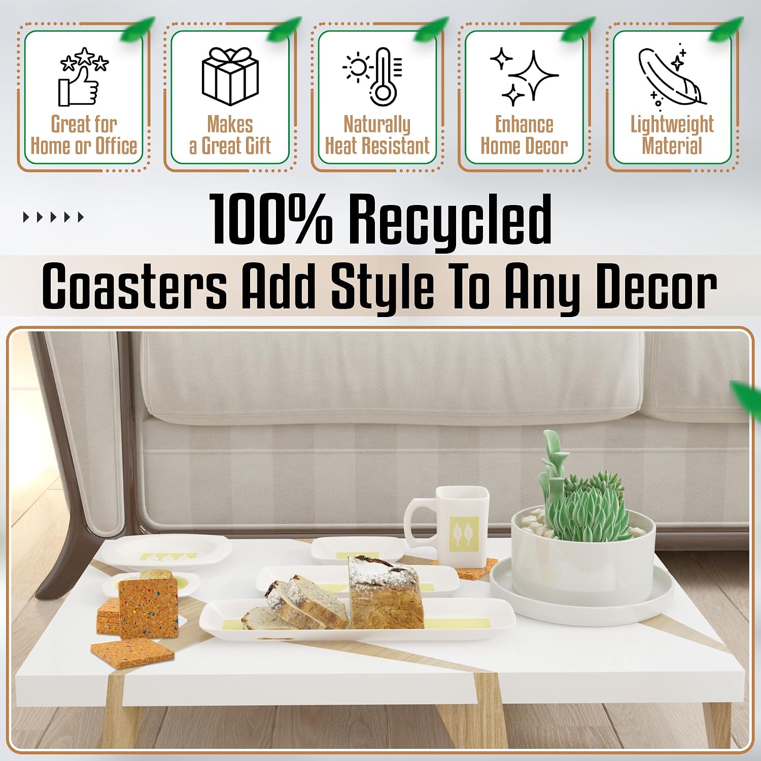 Bleeker & Rowe Recycled Cork Coasters / 4 x 4 / Set of 6