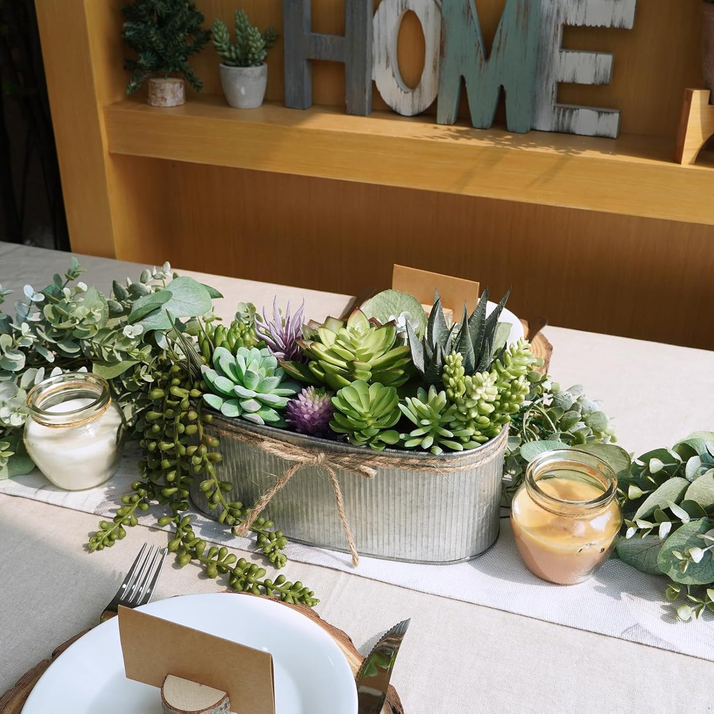 10" Artificial Succulent Arrangement Centerpiece Fake Succulent Plants in Rustic Metal Oval Planter