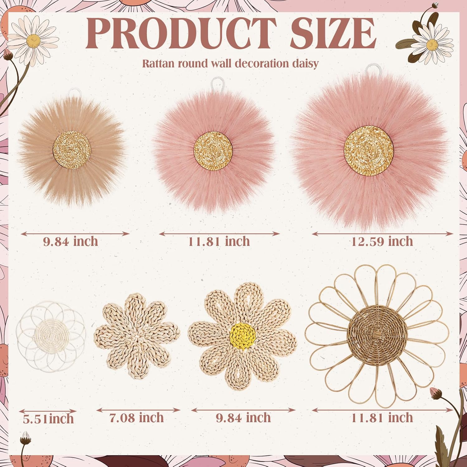 Boho Wall Basket Decor Rattan Flower Wall Decor Nursery Daisy Flower Woven / Dark Pink / Set of 7