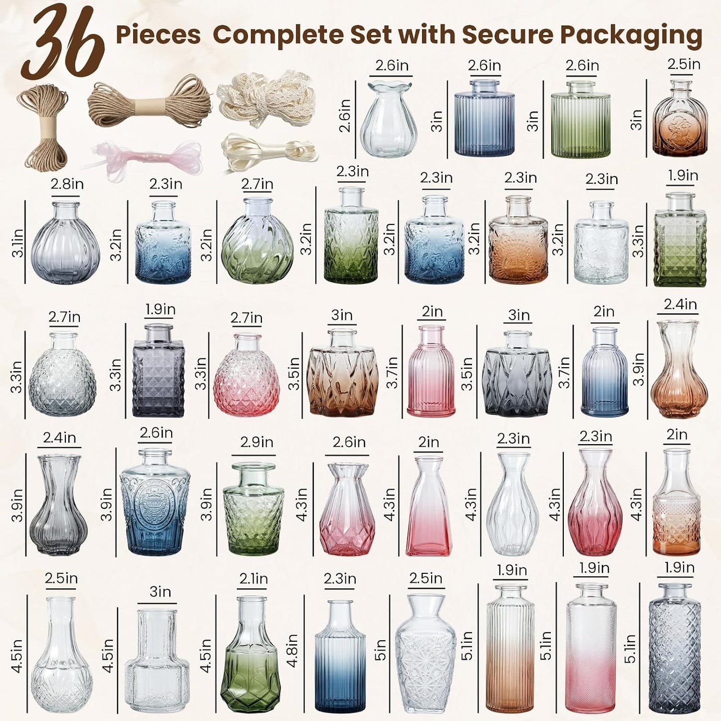 Bulk Colored Glass Bud Vases Set / Colorful / Set of 36
