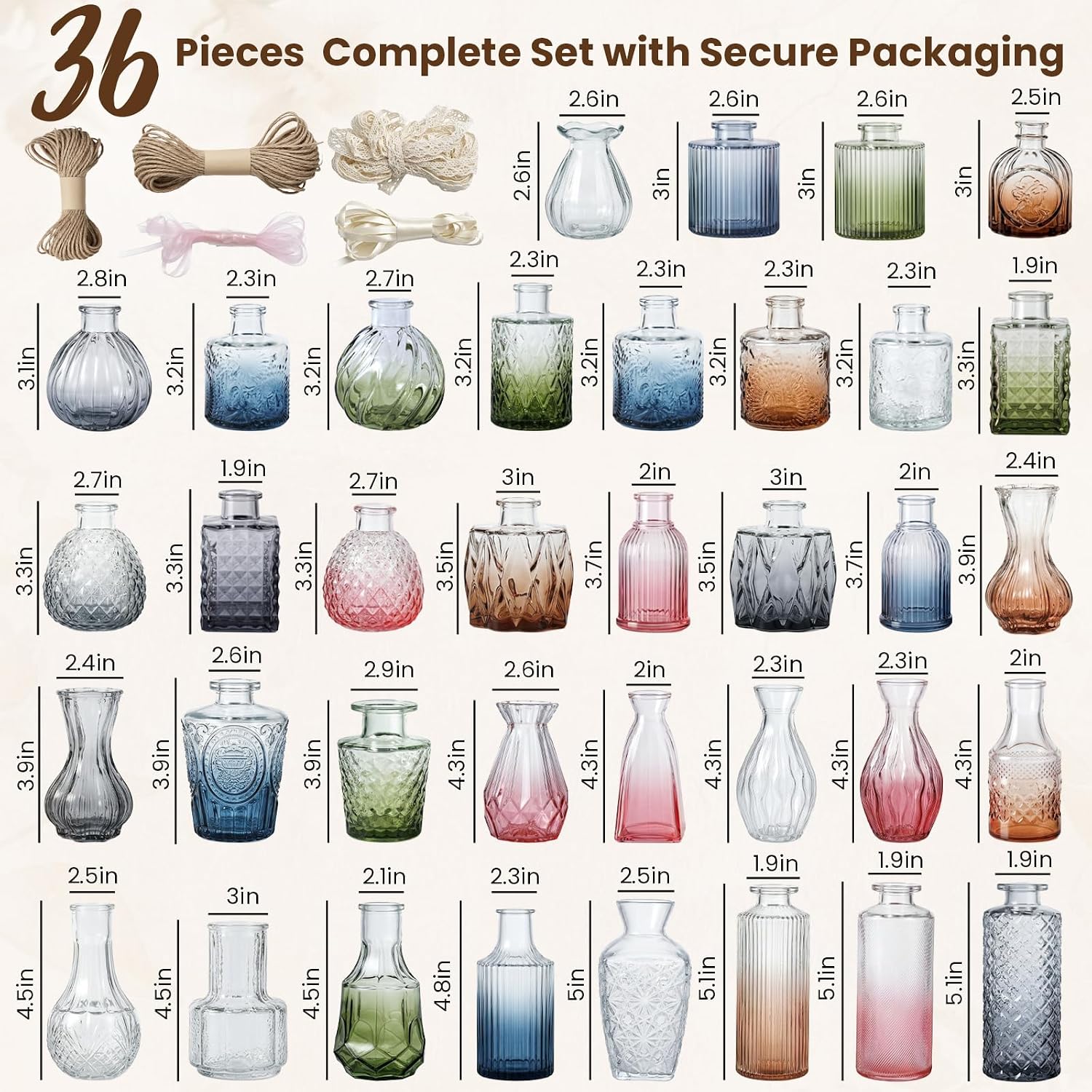 Bulk Colored Glass Bud Vases Set / Colorful / Set of 36
