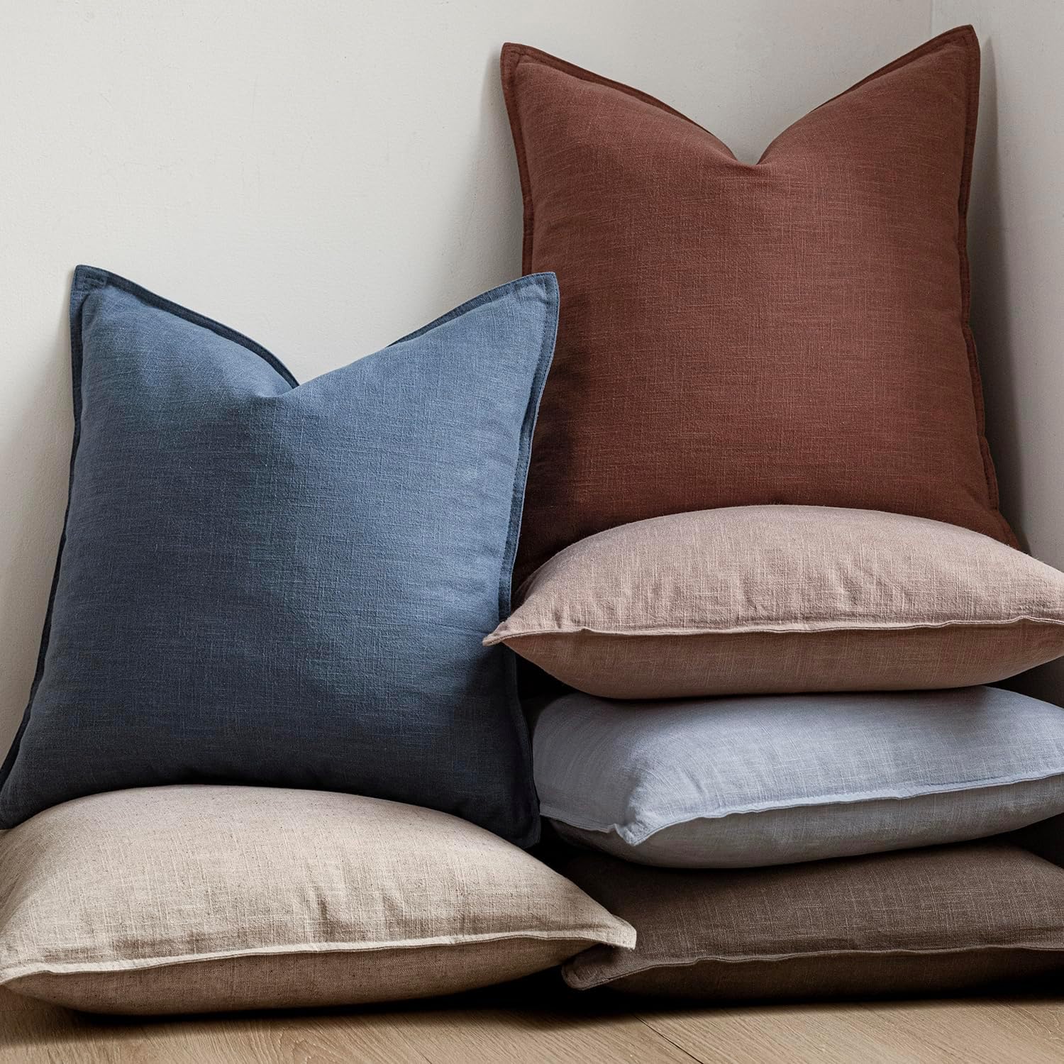 Decorative Linen Solid Throw Pillow Covers Soft Accent Euro / 18 x 18 / Blue Ashes / Set of 2