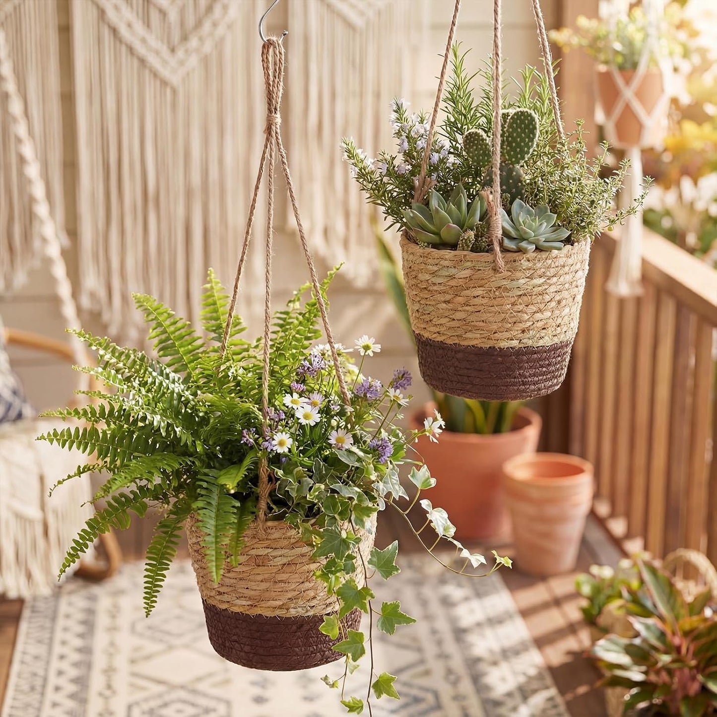 Seagrass Hanging Planter Basket Hand Woven Plant Basket / Brown, Coffee Brown / Small / Set of 6