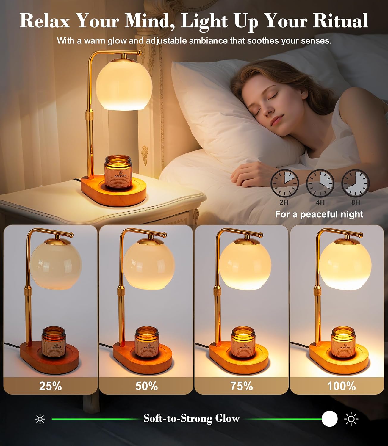 Ivory Glass Candle Warmer Lamp Adjustable Height with Timer 2 4 8H | Warm Gold Hardware | Dark Walnut Base | Dimmer Wax
