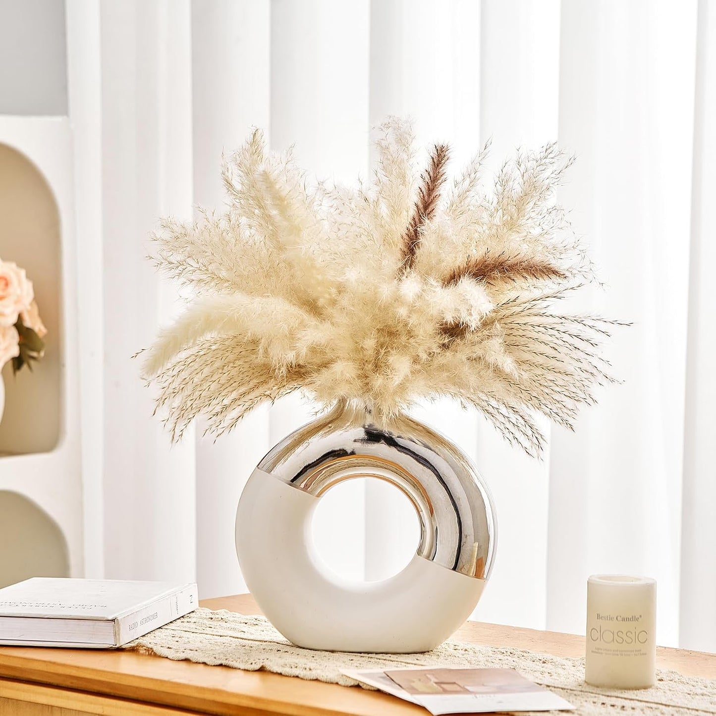 Ceramic Donut Vase / White & Silver / Large