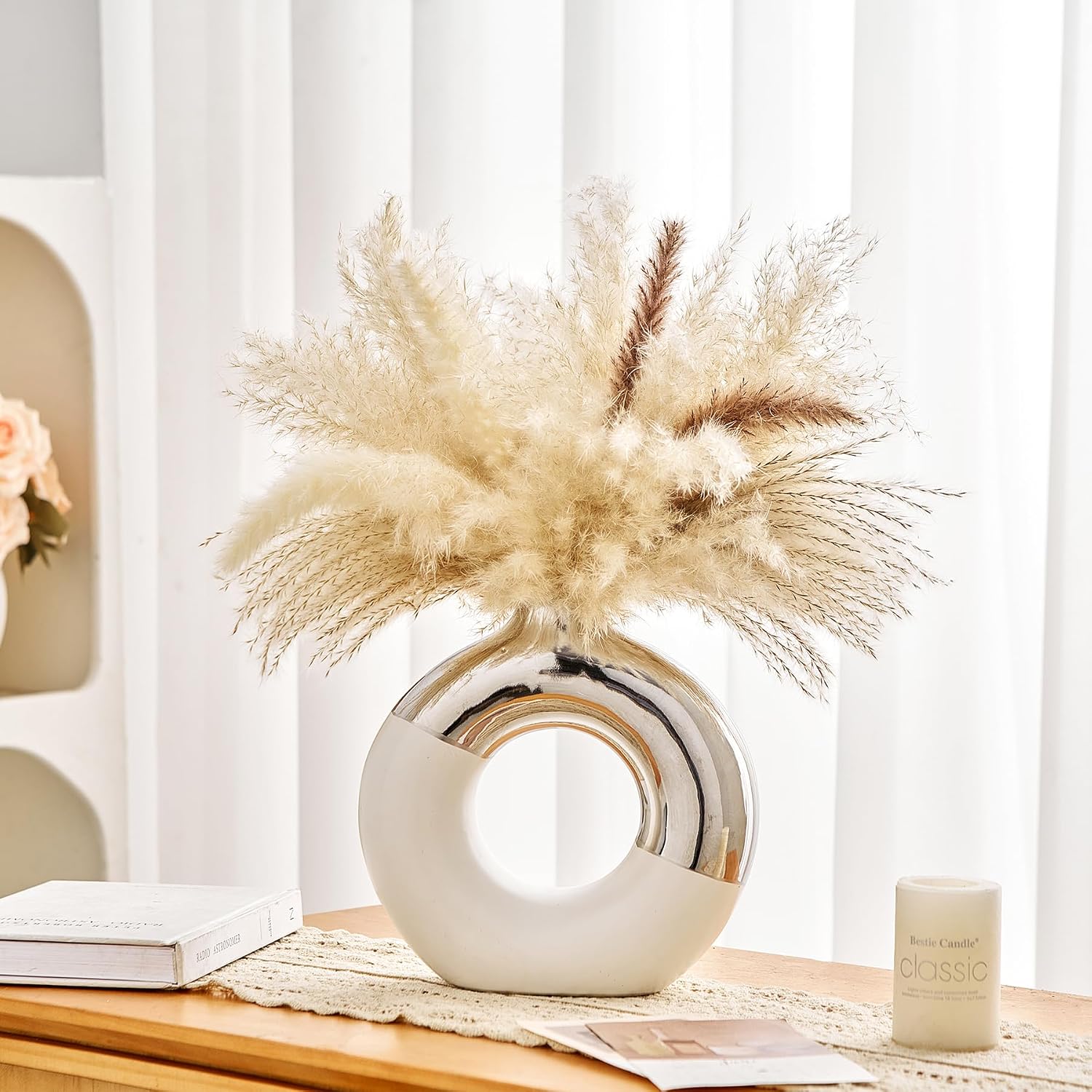 Ceramic Donut Vase / White & Silver / Large