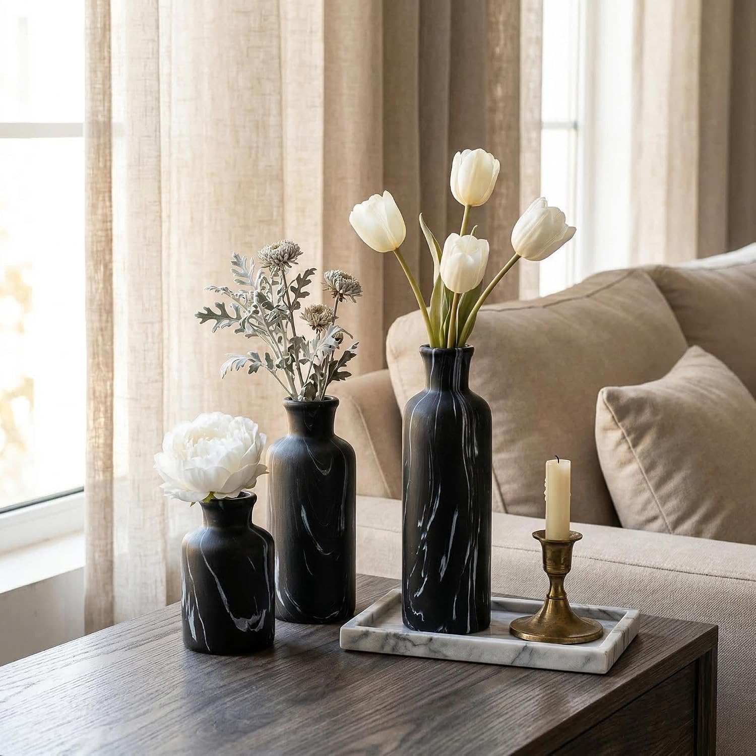 Modern Ceramic Flower Vase / 103-black Gray Marble / Set of 3