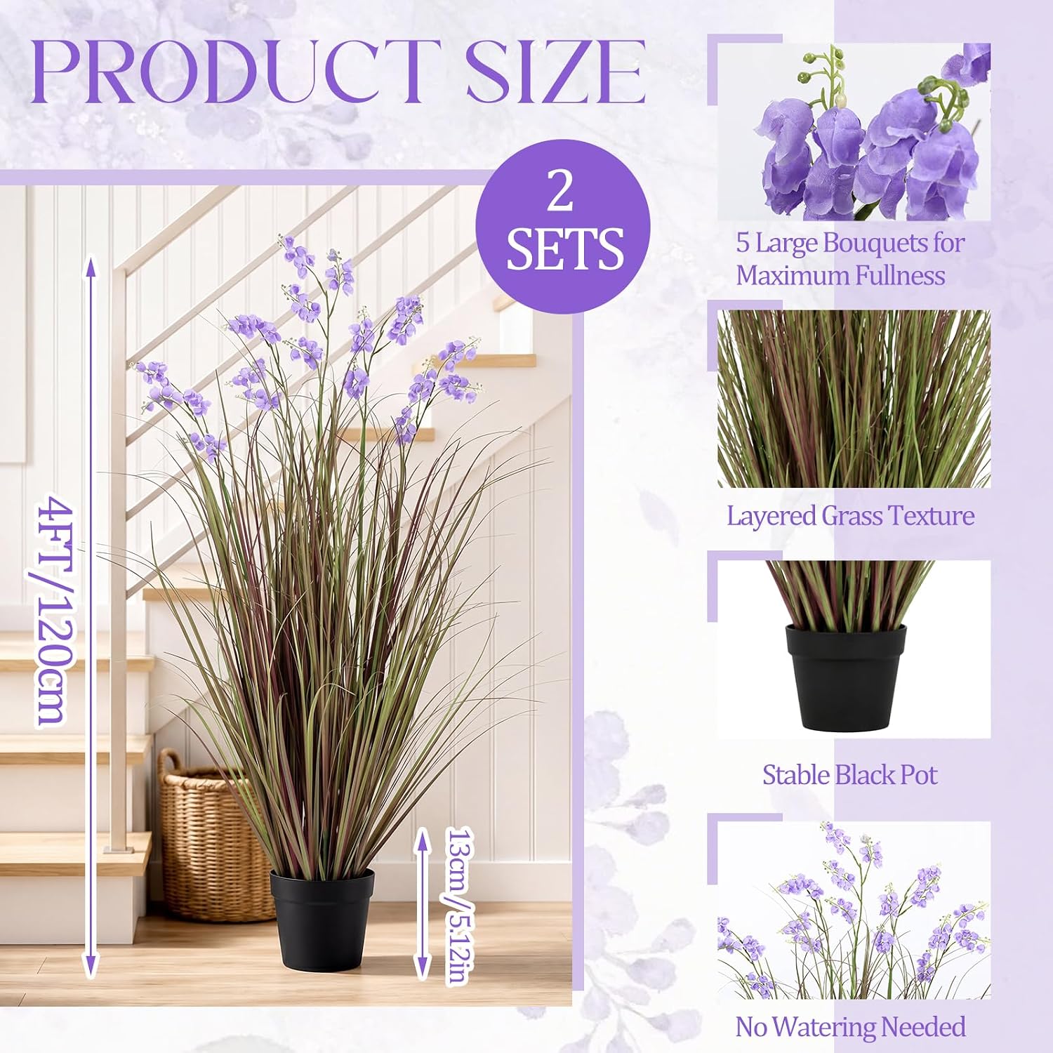 Tall Artificial Grass Plant Potted Artificial Floor Plants / Purple / 4 Ft / Set of 2
