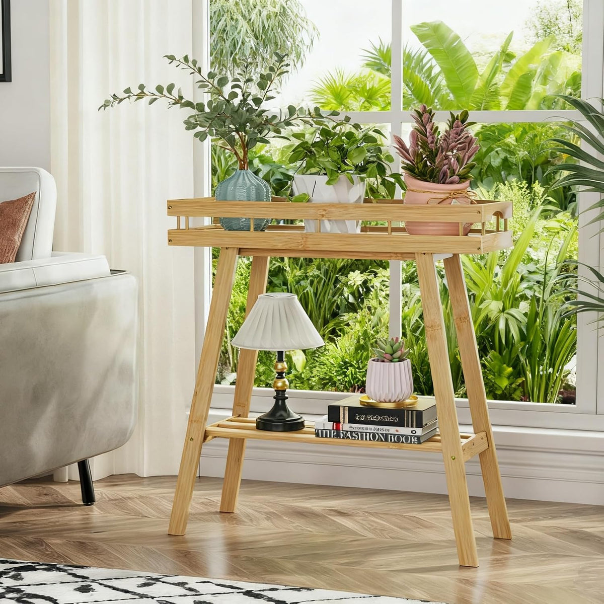 BAMBANG Bamboo Plant Stand Indoor, 2 Tier Small Plant Table, Tall Plant Stand for Indoor Plants, Window Sill Plant