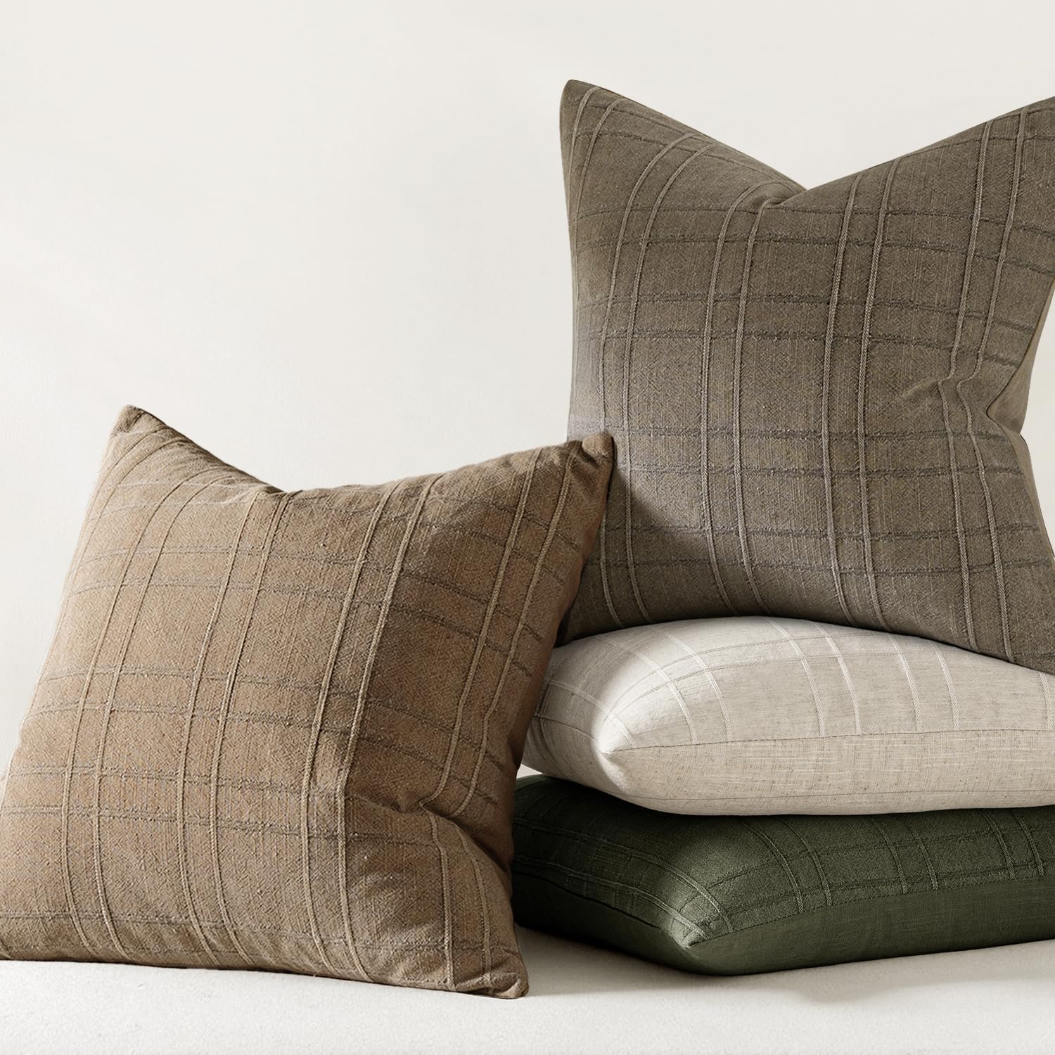 Decorative Linen Check Throw Pillow Covers Neutral Farmhouse / 18 x 18 / Light Brown / Set of 2