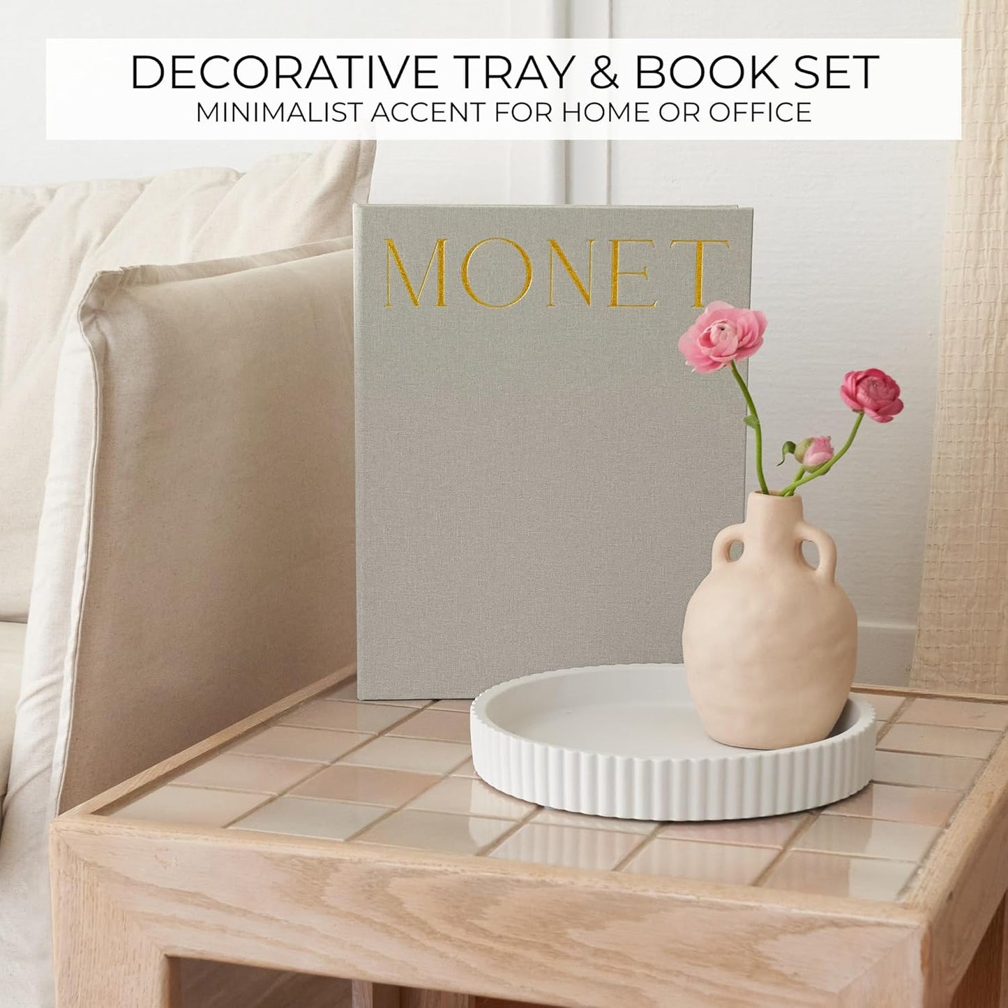 Scalloped Tray & Linen Box Coffee Table or Bookshelf Decor / Sage Green