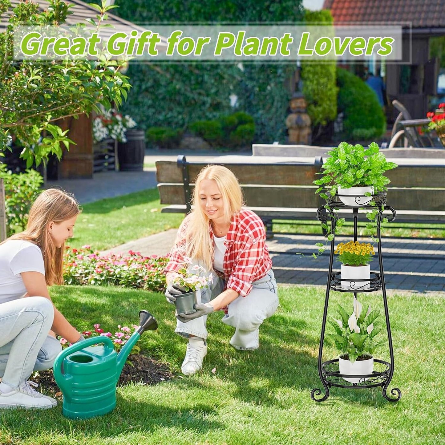 KMOTASUO 3 Tier Metal Plant Stand Tall for Indoor Outdoor Corner, Black | Heavy Duty Flower Holder Rack, Modern