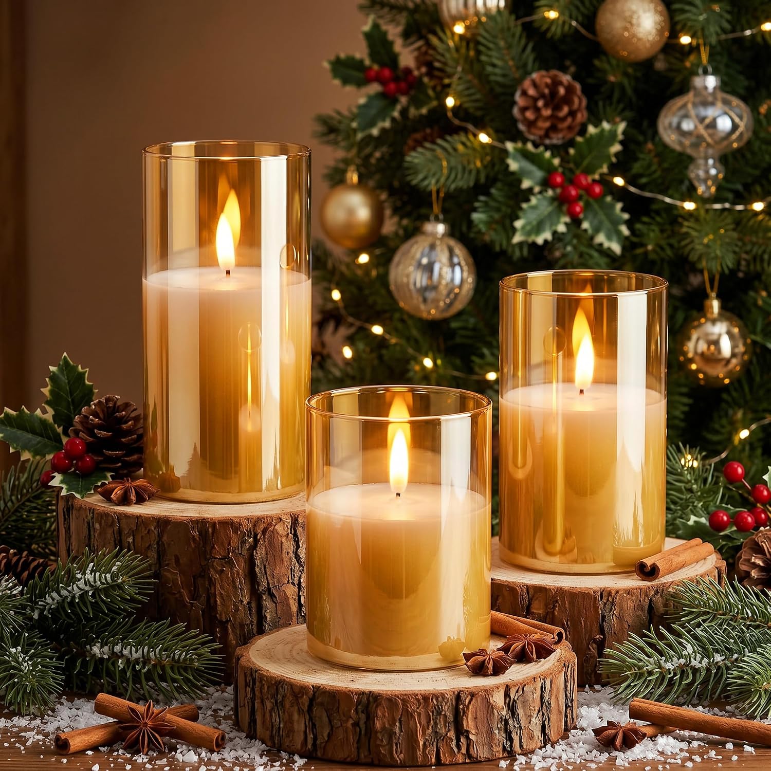 GenSwin Glass Rechargeable Flameless Candles Remote Battery Operated, Gold | LED Pillar Candles, Long Lasting Real Wax