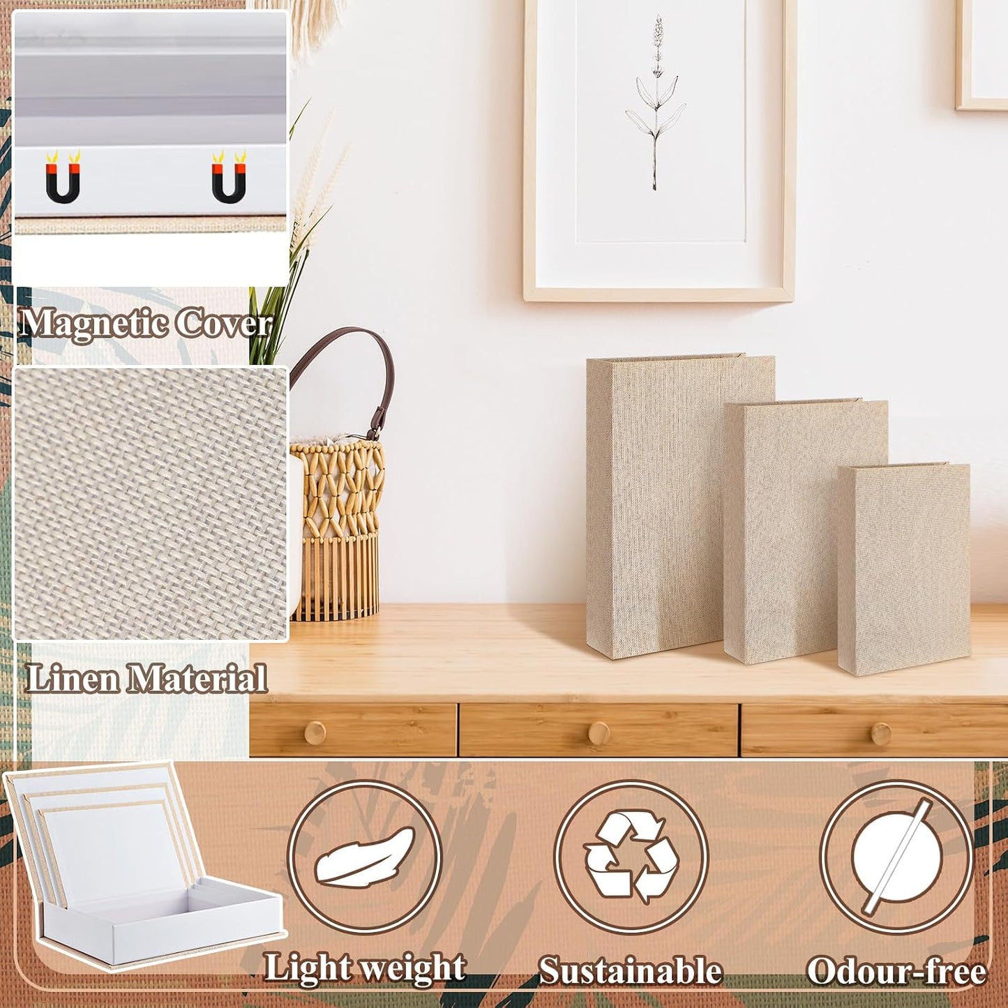 Decorative Fake Book Box Faux Book Storage Box Magnetic Neutral Linen Hollow Boxes / Set of 3