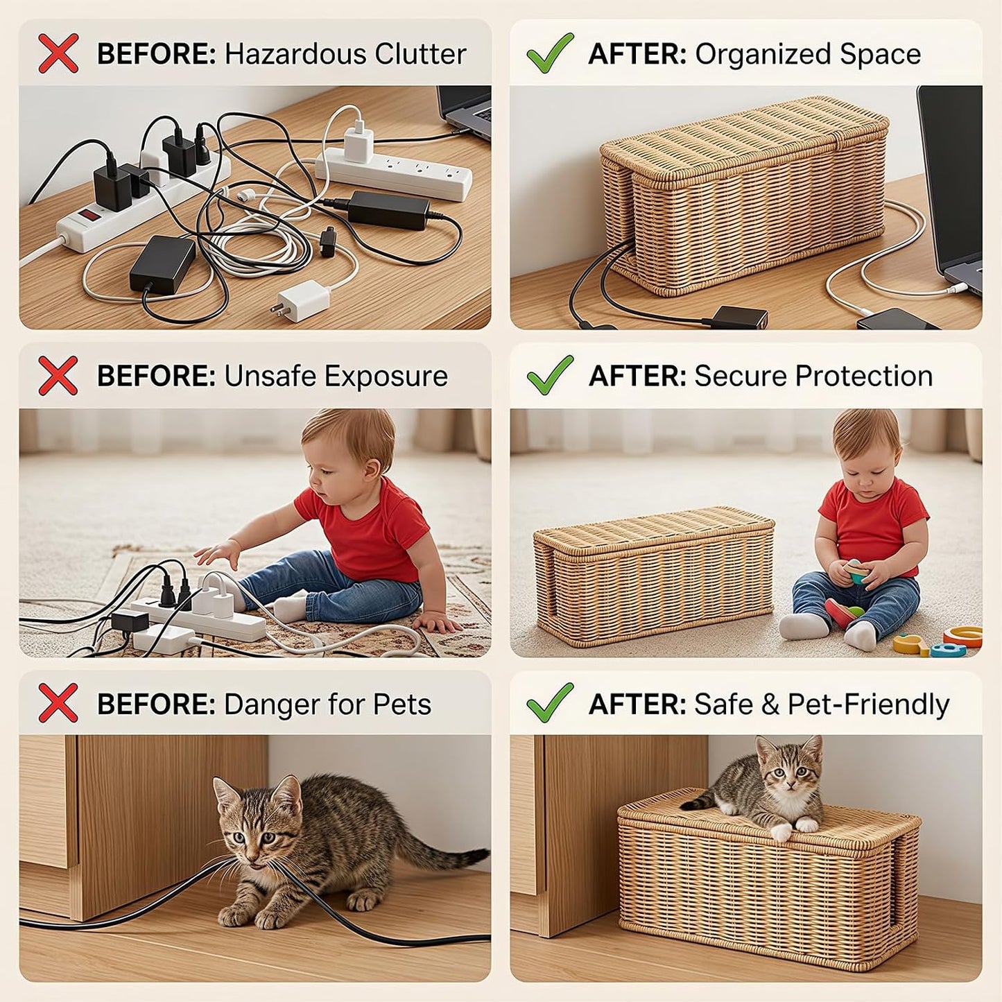 Desk Organizer Decorative Rattan Decor Countertop Cable Management Box Charging Station