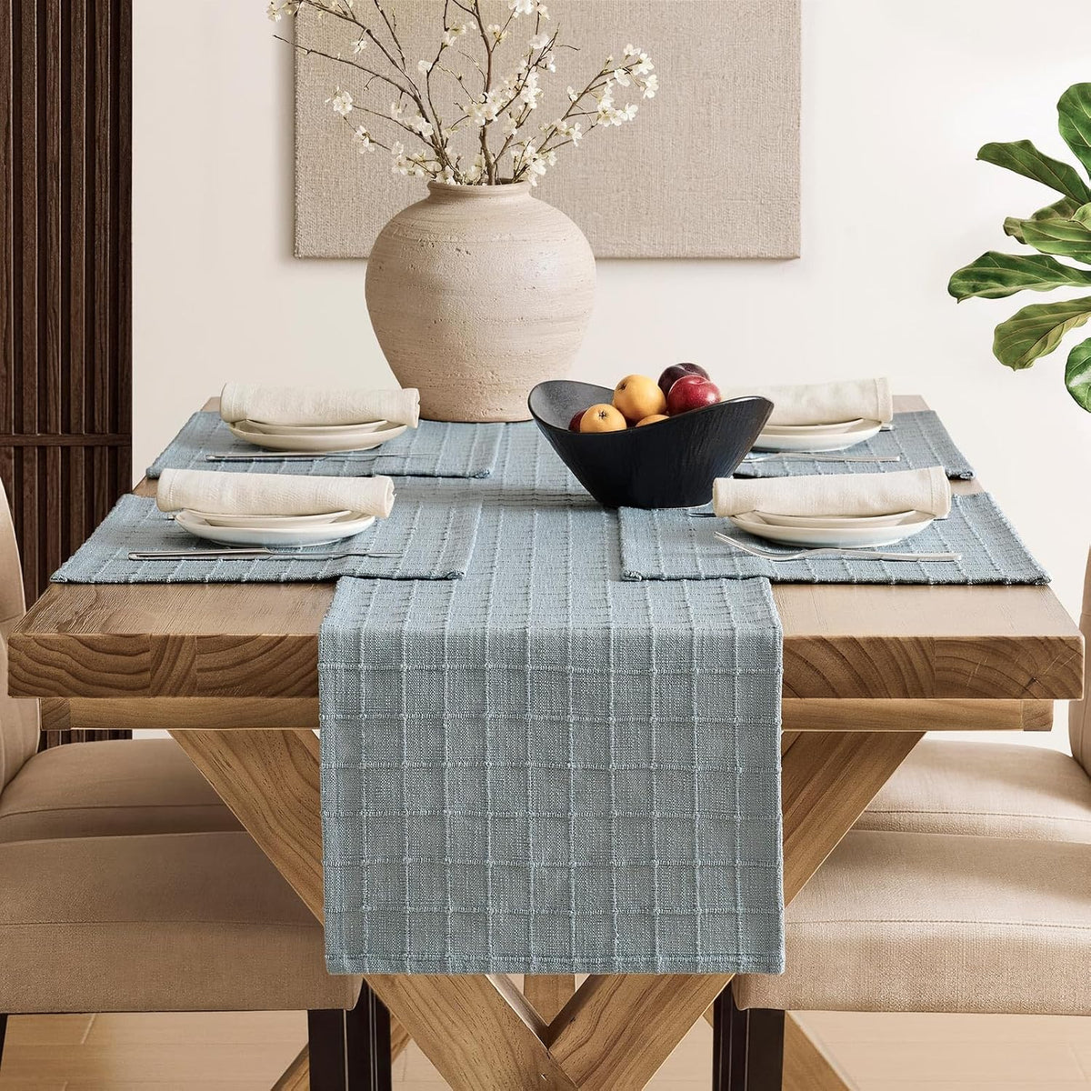 Artisanal Grid Decorative Linen Placemats Set of 6, Chambray | Thick Heavy Textured Washed Linen Place Mats 13×19in