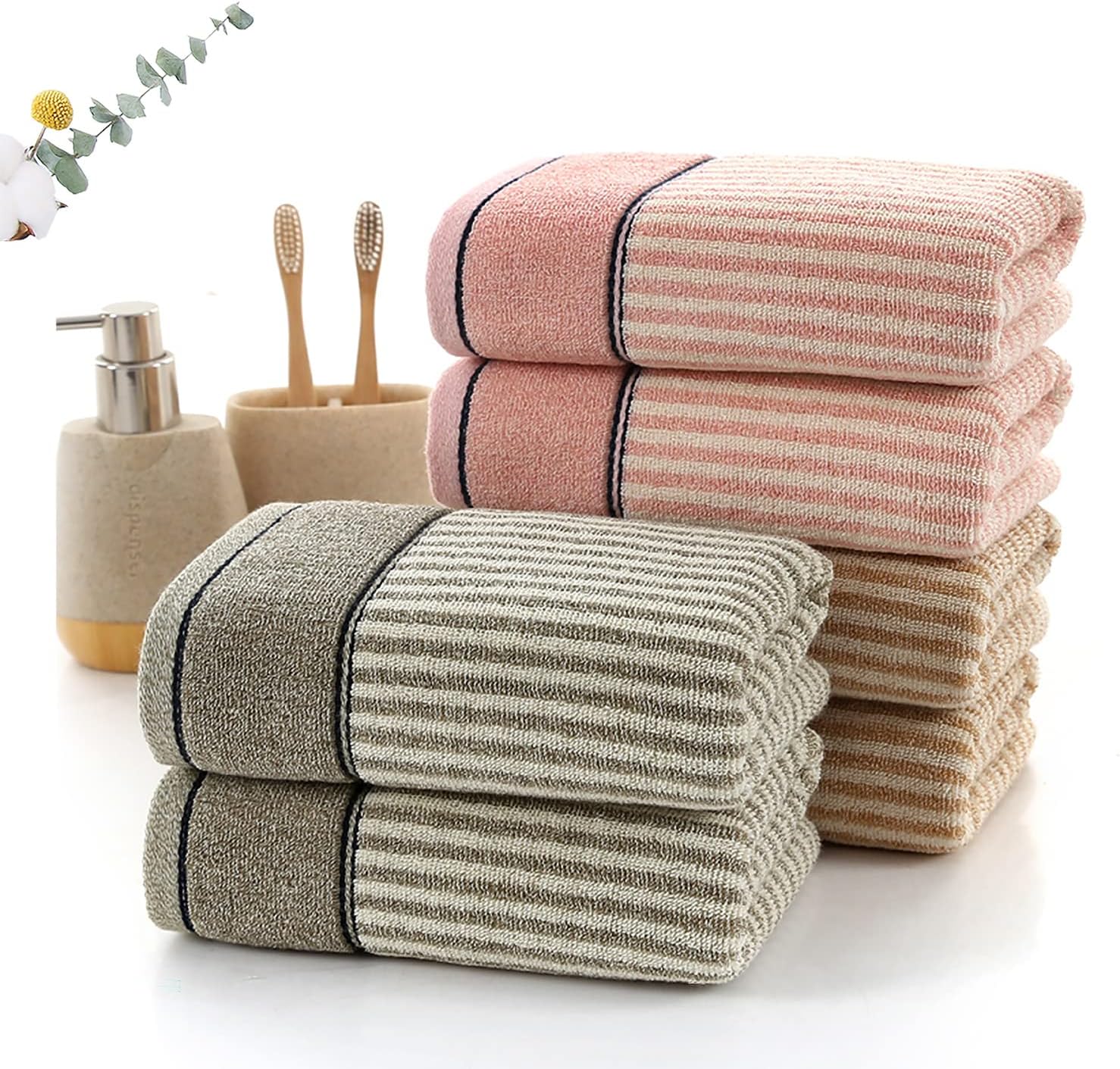Hand Towels Set of 4 100% Cotton Striped Pattern Absorbent Soft Decorative Towel for Bathroom (Brown)