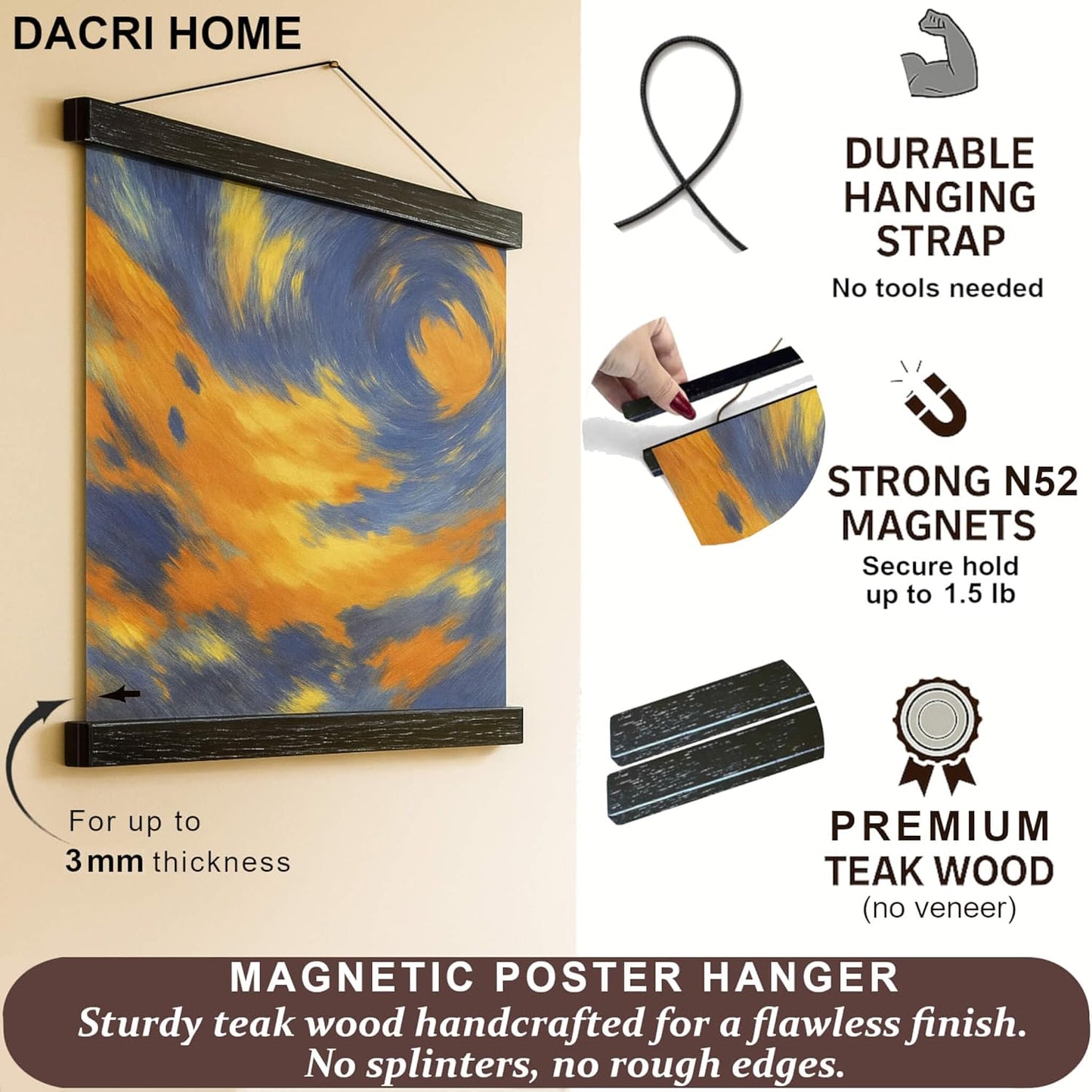 Dacri Home 24 Inch Wide Magnetic Poster Hanger Frame,24x18 24x32 24x36 Wooden Poster Hanger, Strong Magnets for Hanging