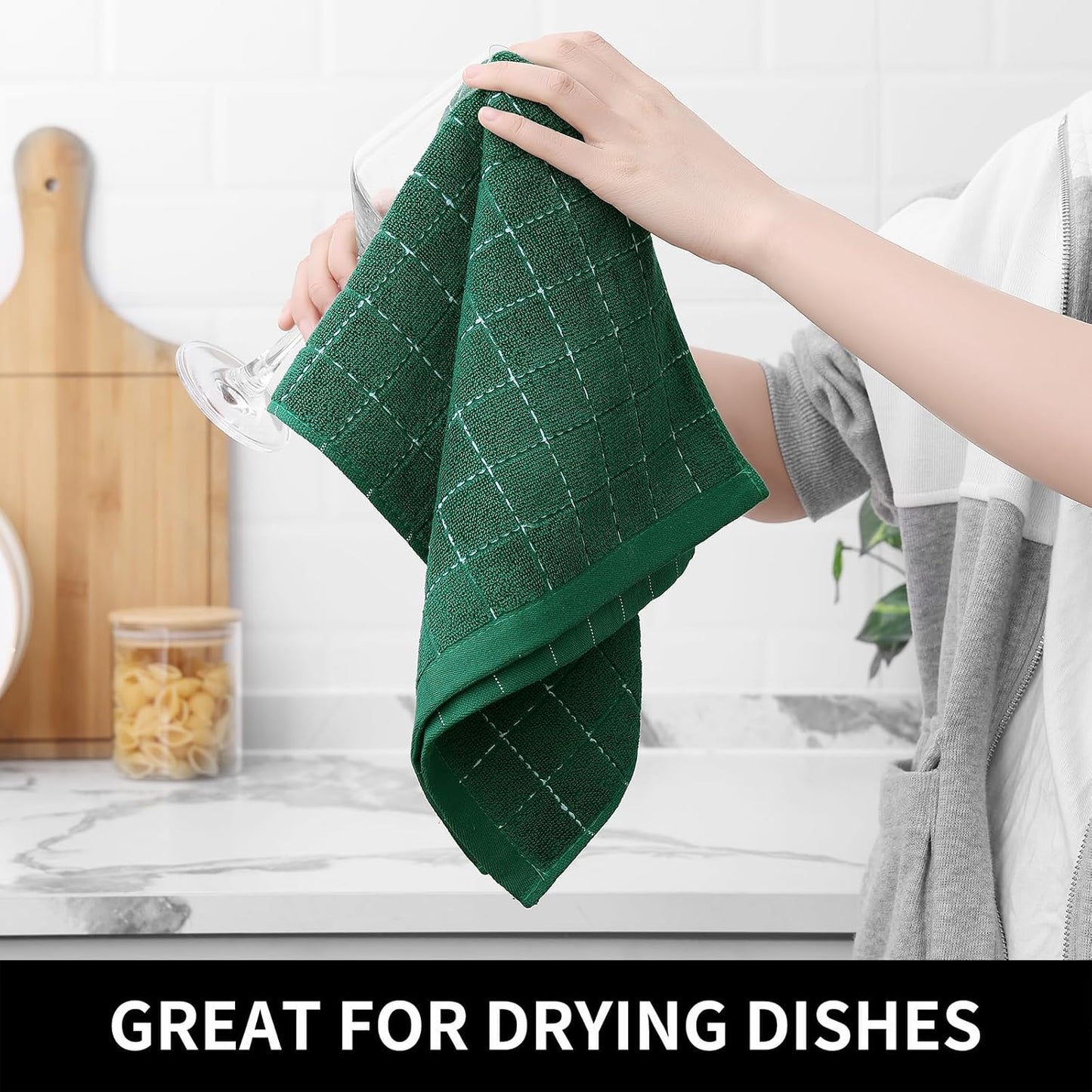 Homaxy Kitchen Towels and Dishcloths Set, Set of 12, Dark Green | Bulk Cotton Terry Kitchen Towels, Checkered Designed