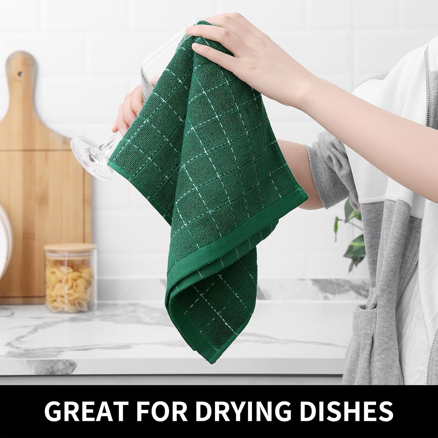 Homaxy Kitchen Towels and Dishcloths Set, Set of 12, Dark Green | Bulk Cotton Terry Kitchen Towels, Checkered Designed