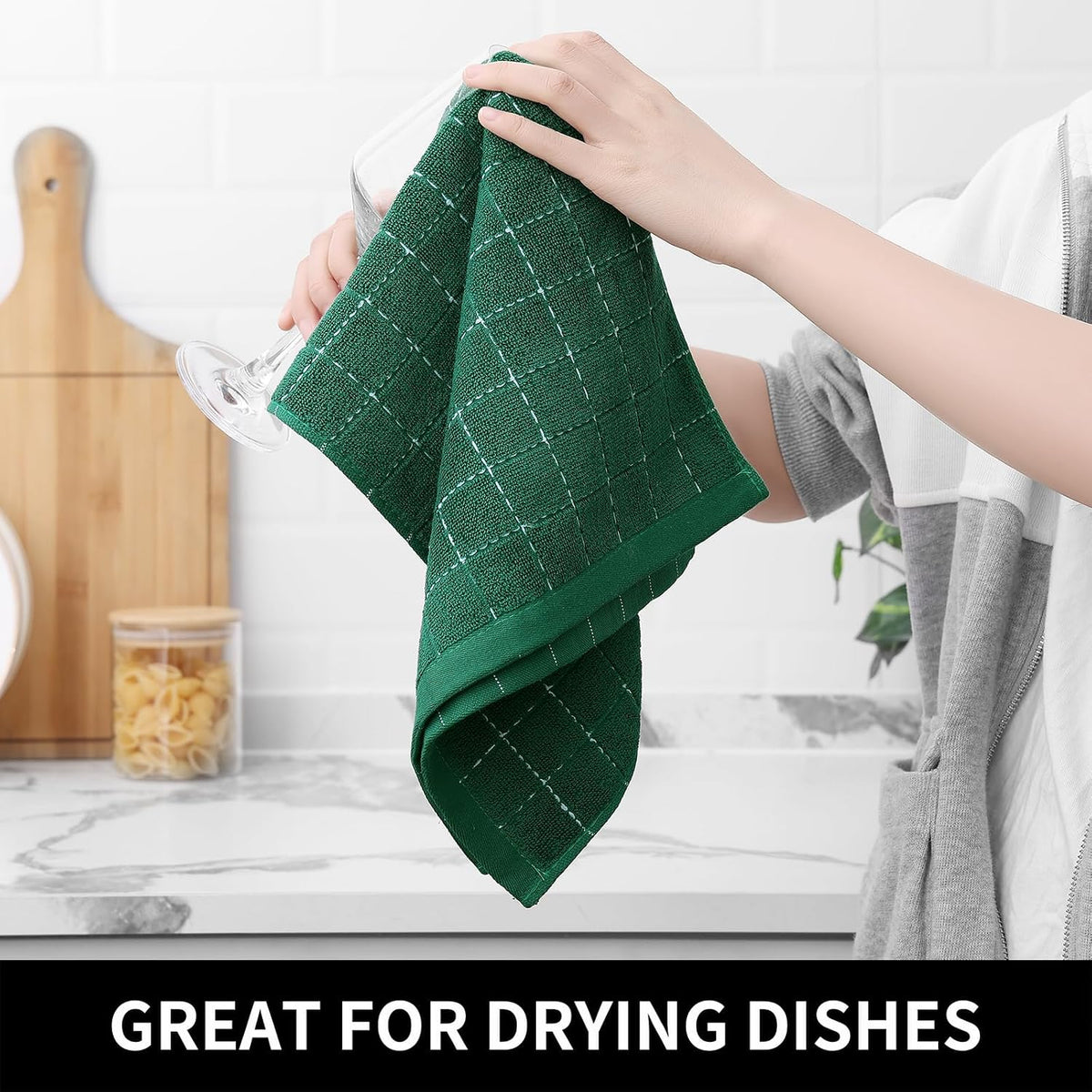 Homaxy Kitchen Towels and Dishcloths Set, Set of 16, Dark Green | Bulk Cotton Terry Kitchen Towels, Checkered Designed