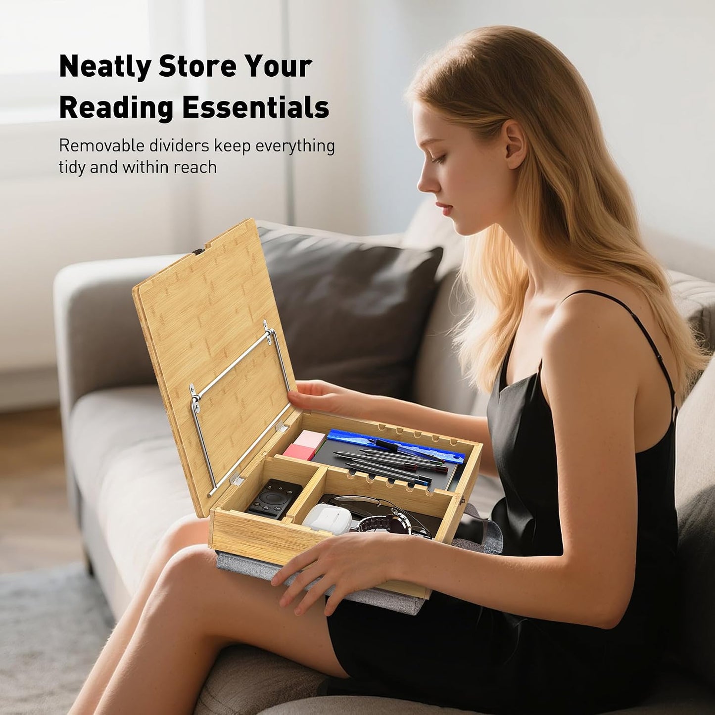 AboveTEK Book Stand for Reading with Storage, Adjustable Bamboo Book Holder with Soft Lap Cushion, Cookbook Stand