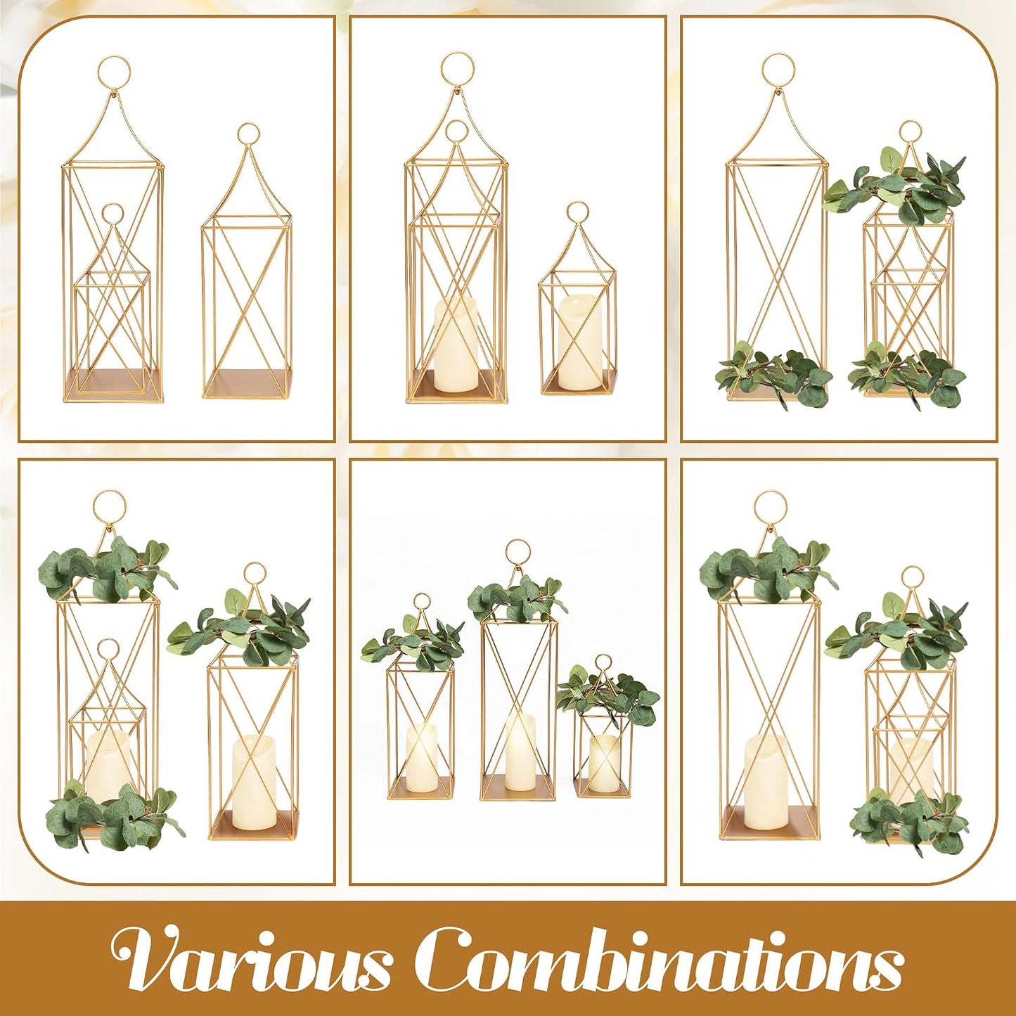 HPC Decor Tall Metal Lantern Decor Set of 3-24" 19" 13" Elegant Decorative Lanterns with Garlands-Modern Gold Candle