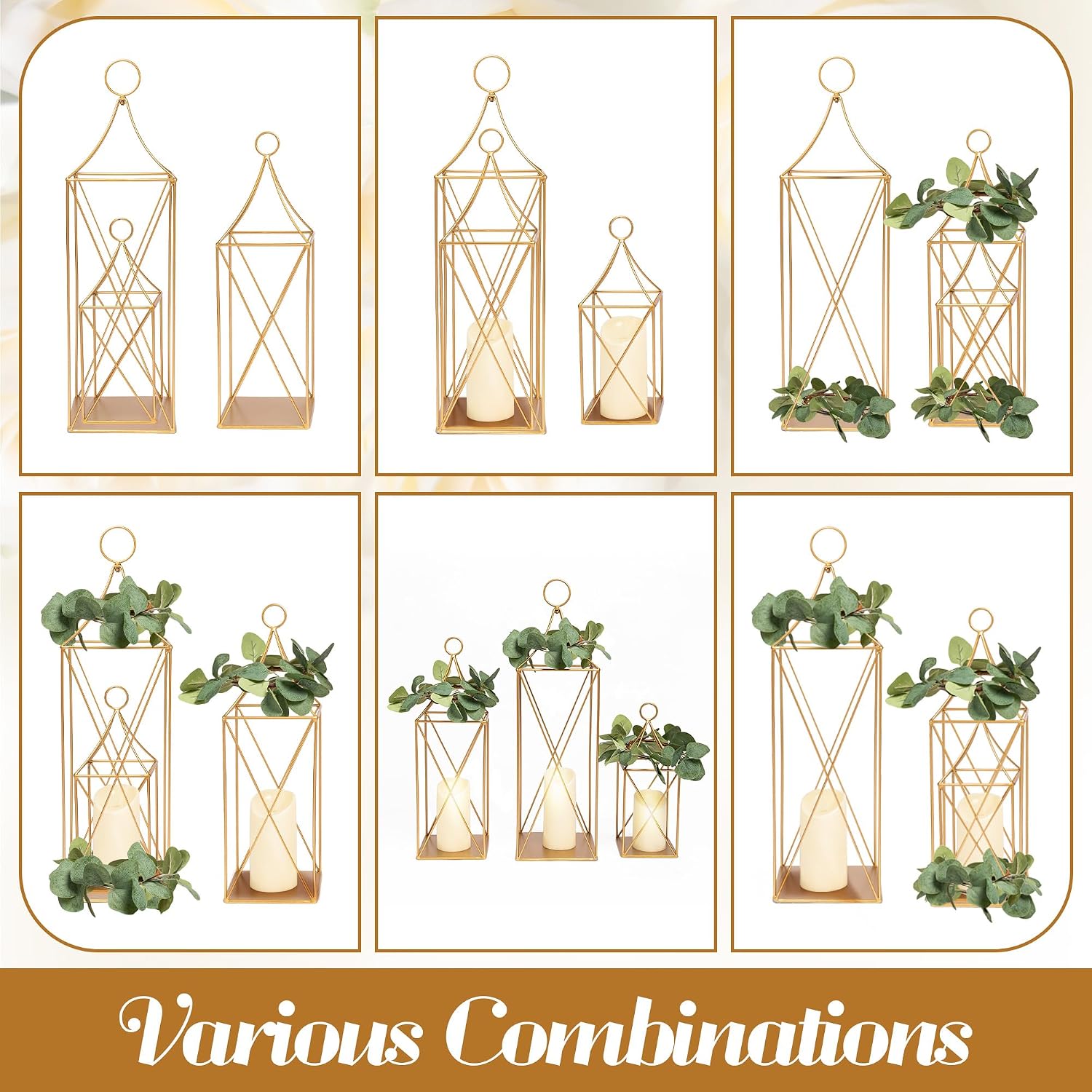 HPC Decor Tall Metal Lantern Decor Set of 3-24" 19" 13" Elegant Decorative Lanterns with Garlands-Modern Gold Candle