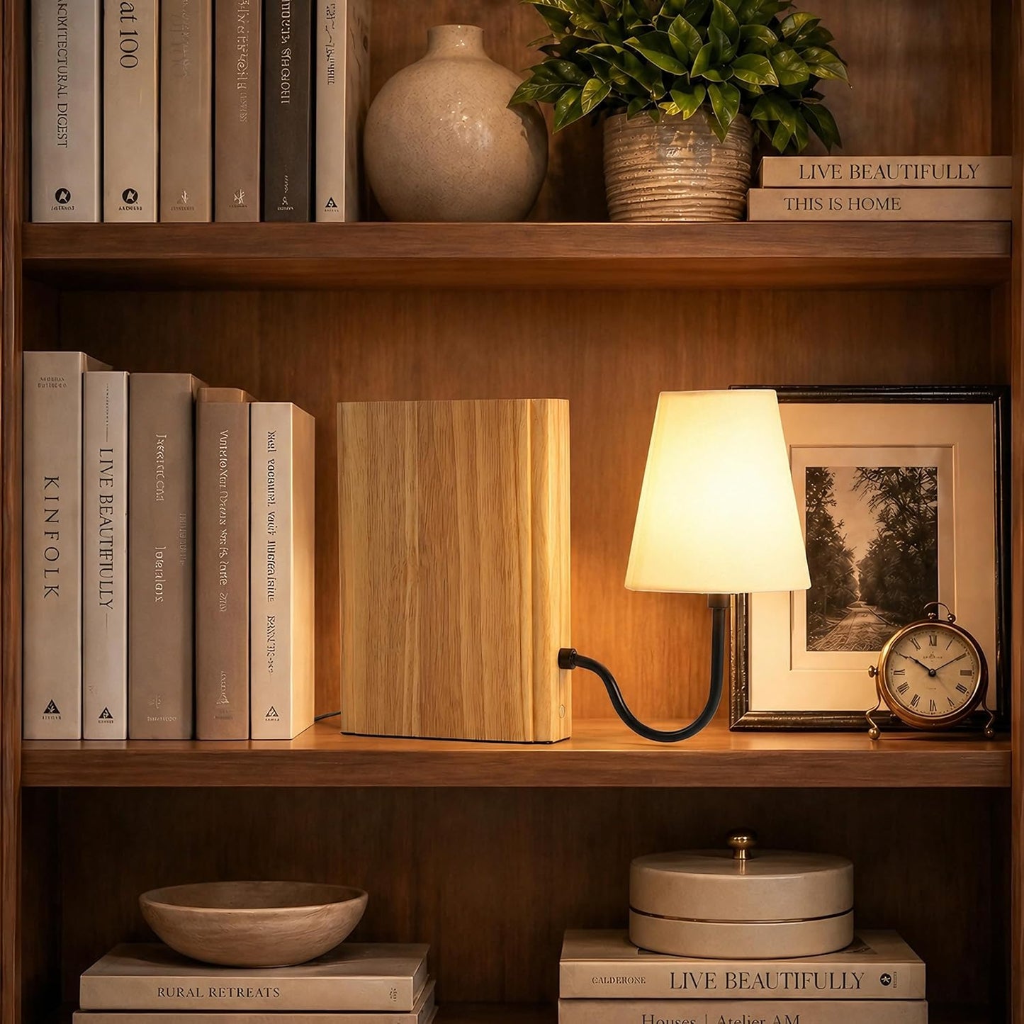 Solid Wood Bookshelf Lamp with Bulb, 3-Color Touch Control Dimmable Table Lamp with Linen Shade, Modern Decorative