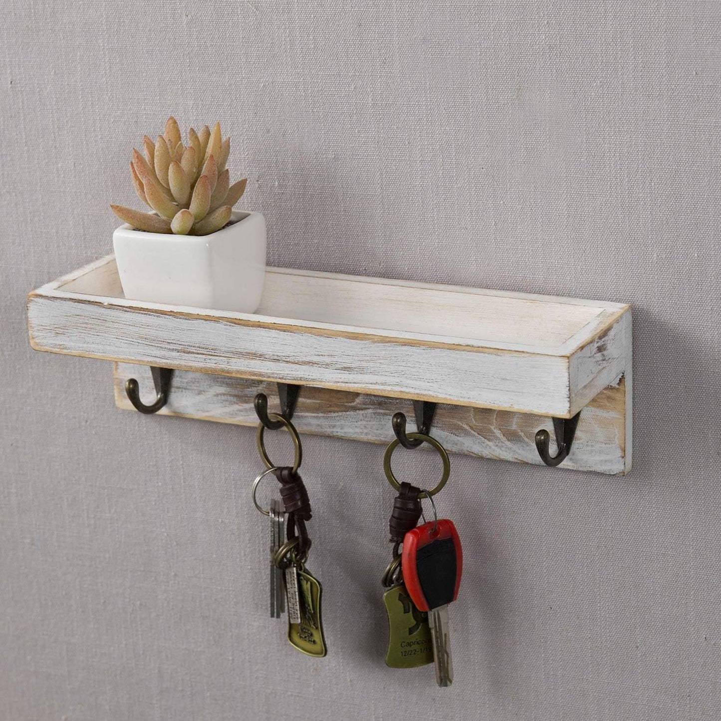 4 Metal Key Hooks / Whitewashed / 10 Inch