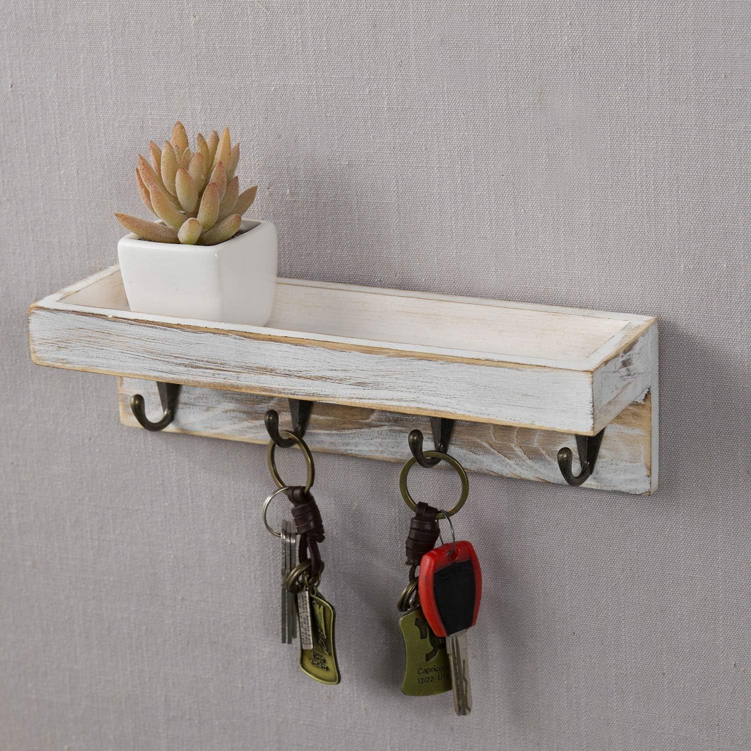 4 Metal Key Hooks / Whitewashed / 10 Inch
