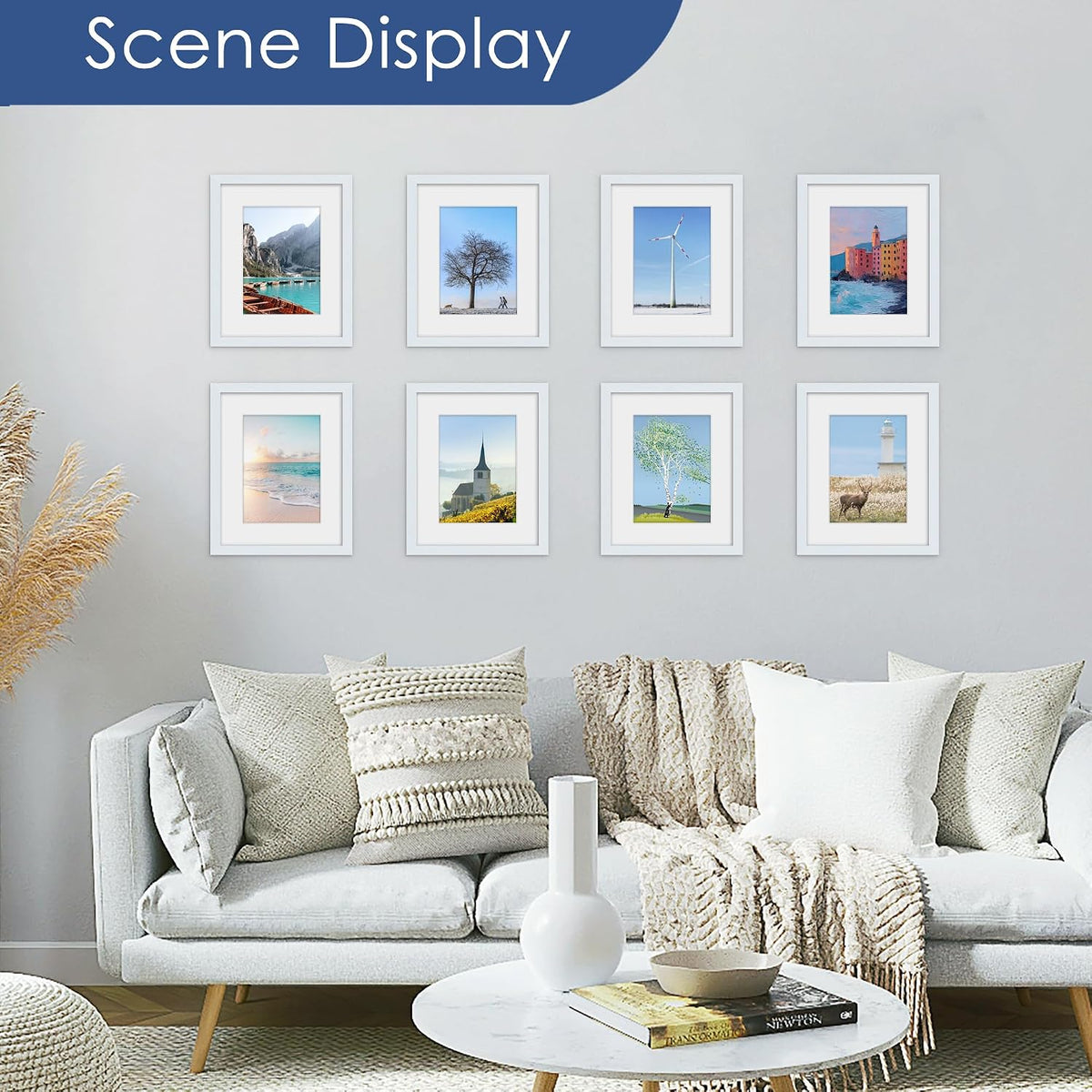 8x10 Picture Frame Set of 6, Wall or Tabletop Display, Blue | Display 5x7 with Mat or 8x10 Without Mat, Horizontal or