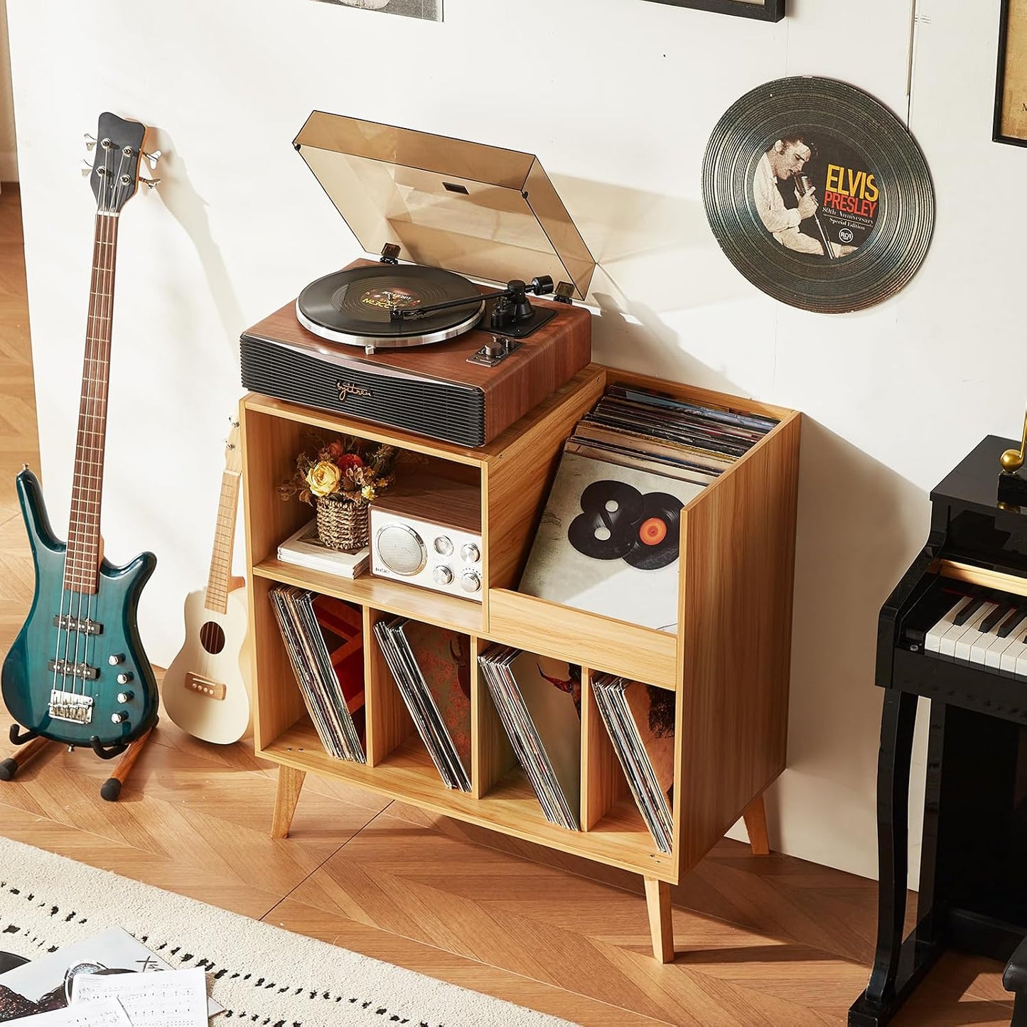 Large Record Player Stand Holds Up to 300 Albums | Natural Wood Turntable Stand, Vinyl Holder with Display Area, Record
