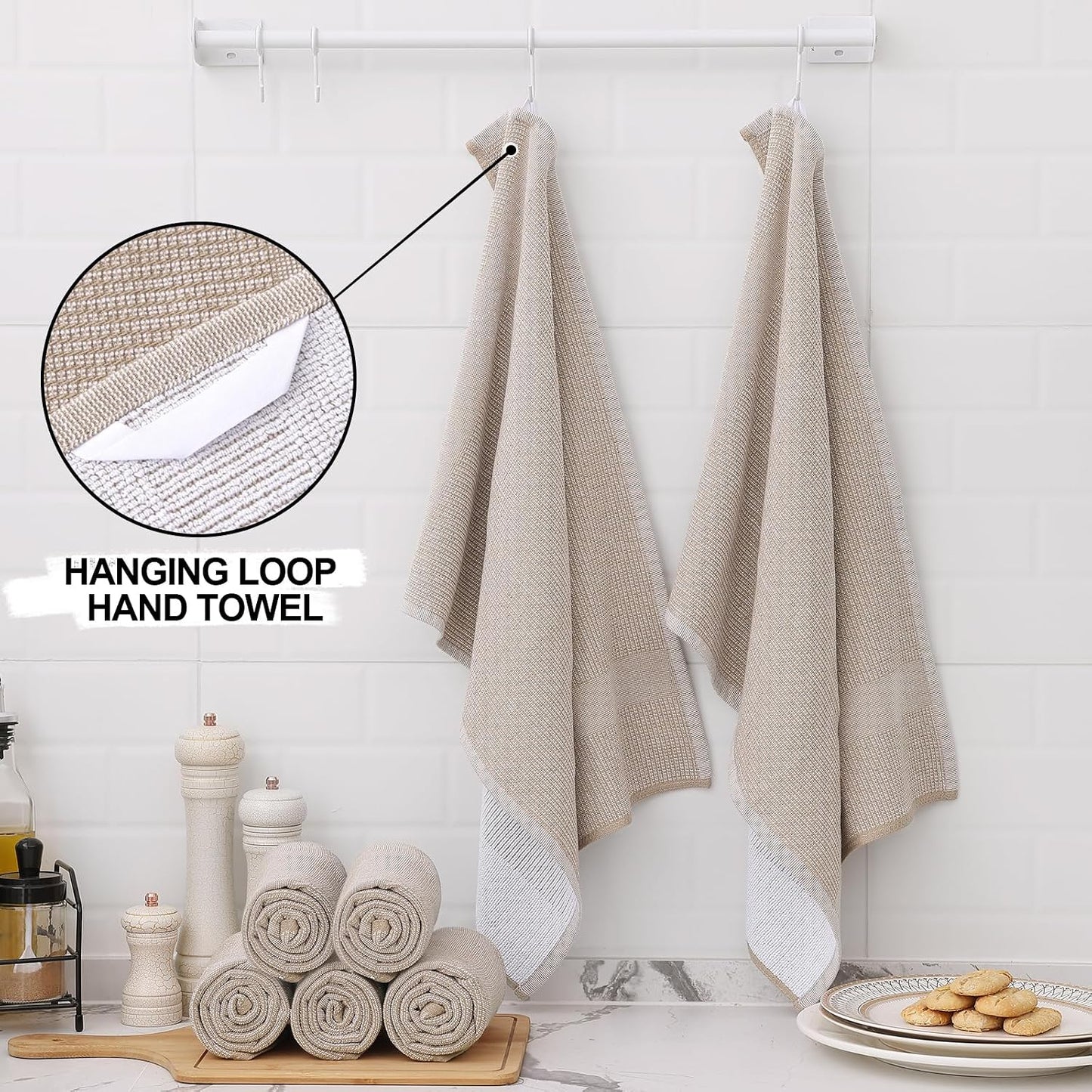 Homaxy 380 GSM Cotton Premium Kitchen Towels 6 Pack, 18"x 28", Khaki | Flat and Terry Dish Towels, Highly Absorbent Tea