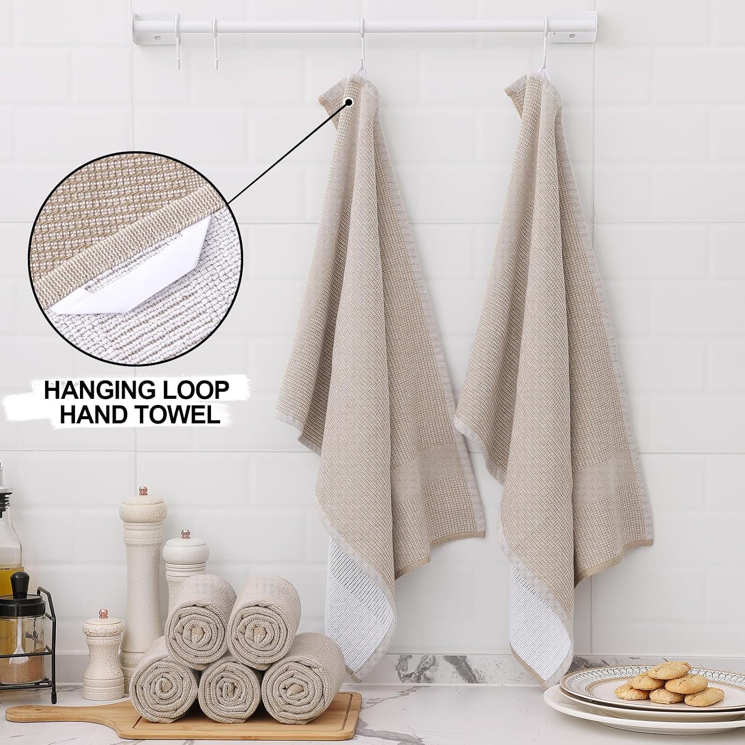 Homaxy 380 GSM Cotton Premium Kitchen Towels 6 Pack, 18"x 28", Khaki | Flat and Terry Dish Towels, Highly Absorbent Tea