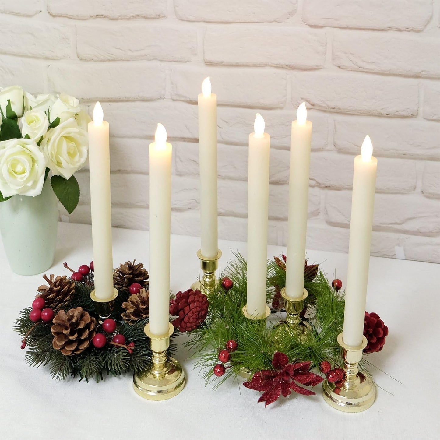 Ivory Flameless Window Taper Candles Battery Operated Remote Timer | Real Wax Long Lasting, Dimmable Warm Light, Gold