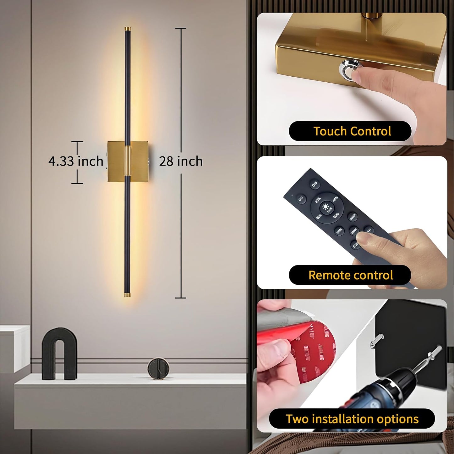 15800 mAh Battery Operated Wall Sconces with Remote Control Dimmable Wall Sconces Set of Two 3000K LED Brass Gold and