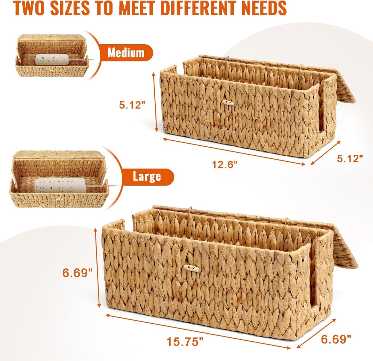 Handwoven Real Cord Hider Organizer Boxes / Water Hyacinth / Set of 2