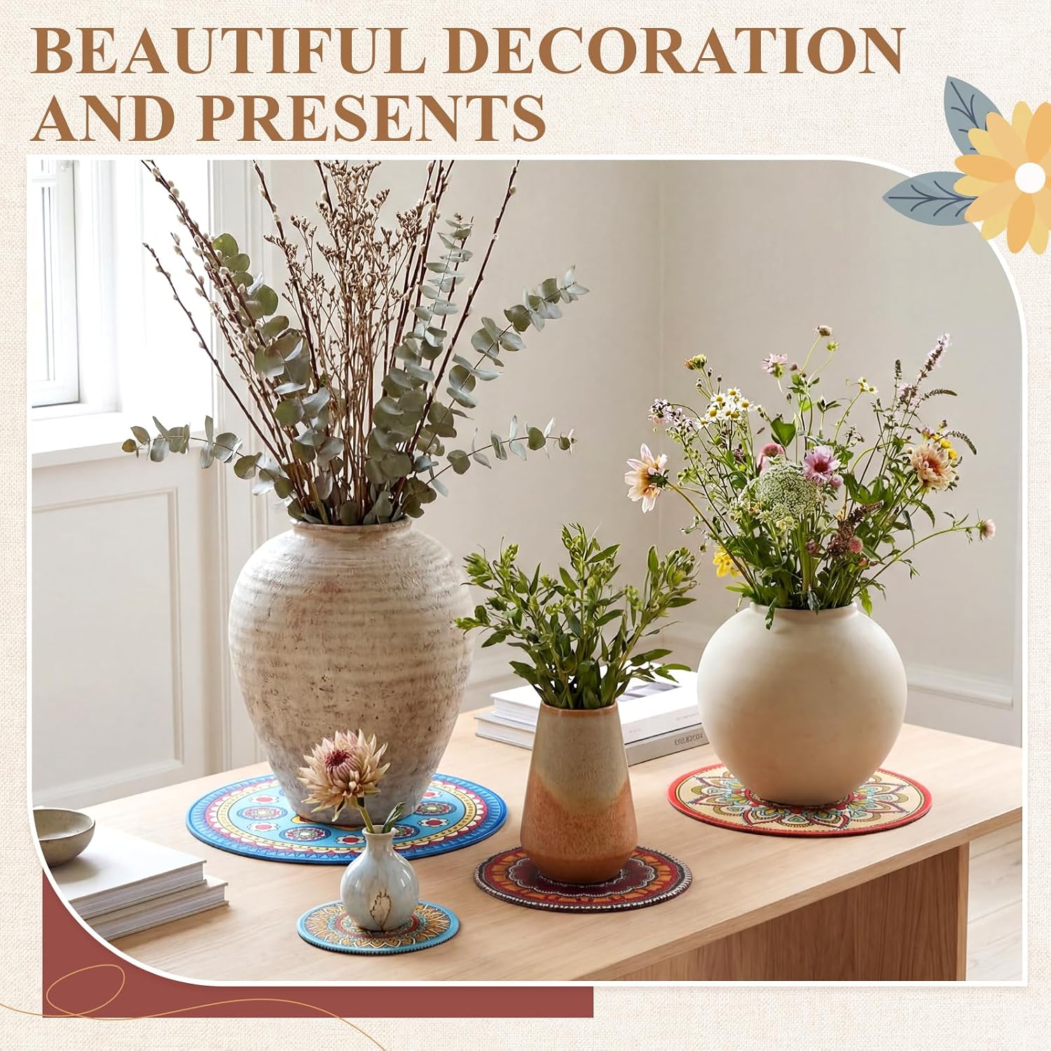 Boho Plant Pot Mat 4 Size 9.84" 7.87" 5.9" 3.94" Rubber Absorbent Non Slip Pot House / Set of 8
