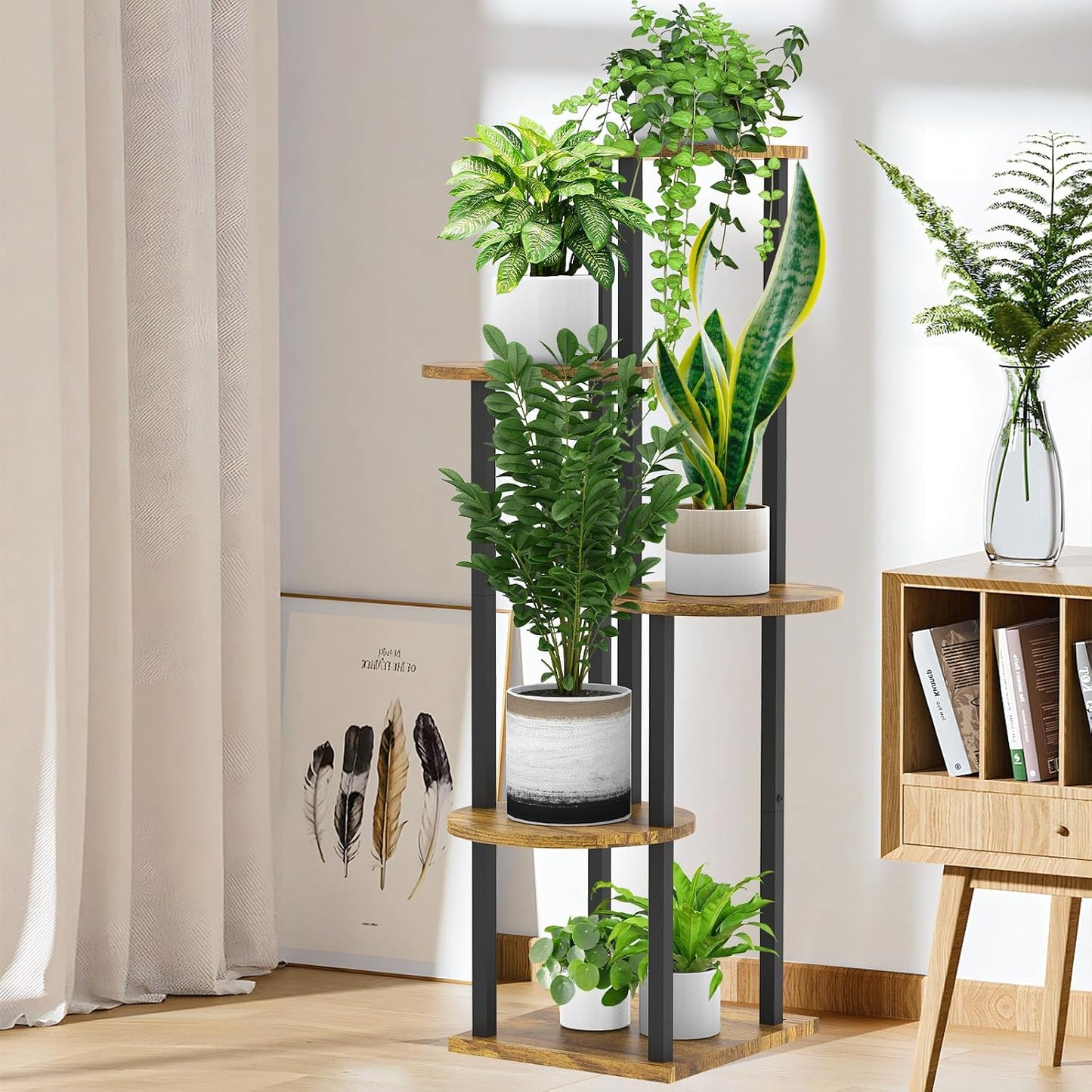 5 Tier Wood Tall Plant Stand Metal Rack Indoor, Multiple Flower Pot Holder Shelves Corner Rack, Round Planter Shelf