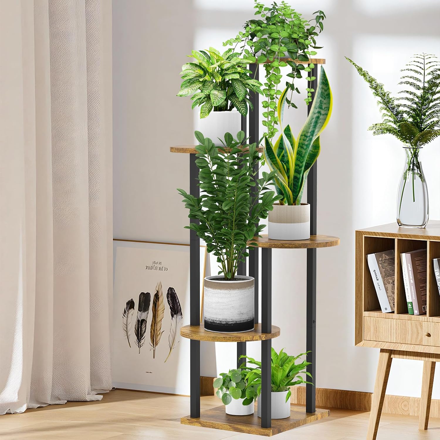 5 Tier Wood Tall Plant Stand Metal Rack Indoor, Multiple Flower Pot Holder Shelves Corner Rack, Round Planter Shelf