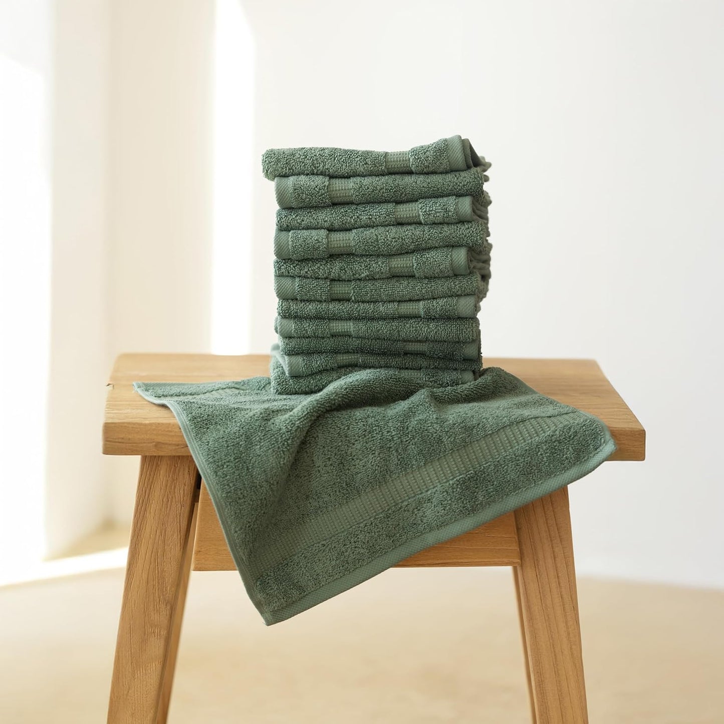 SALBAKOS 12-Piece 100% Turkish Cotton Washcloths and Face Towels, Green | 13x13 in Standard Size Small Towel, Multi-use