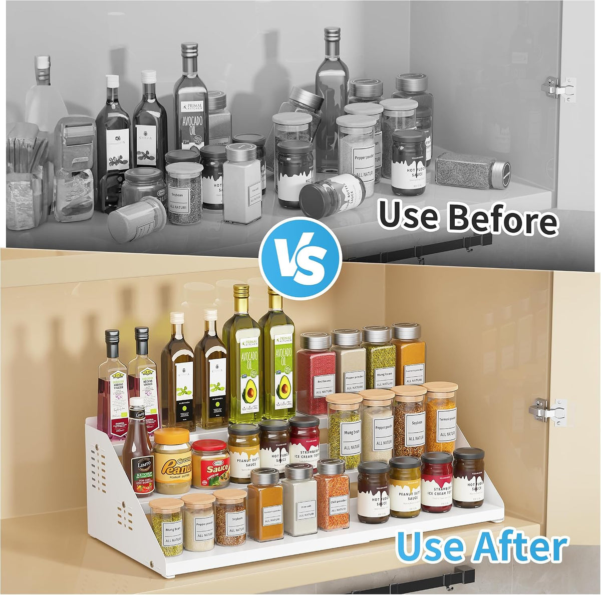 BOIVSHI 3 Tier Expandable Spice Organizer for Cabinet, White | Metal Shelves with Adjustable Height Spice Storage for